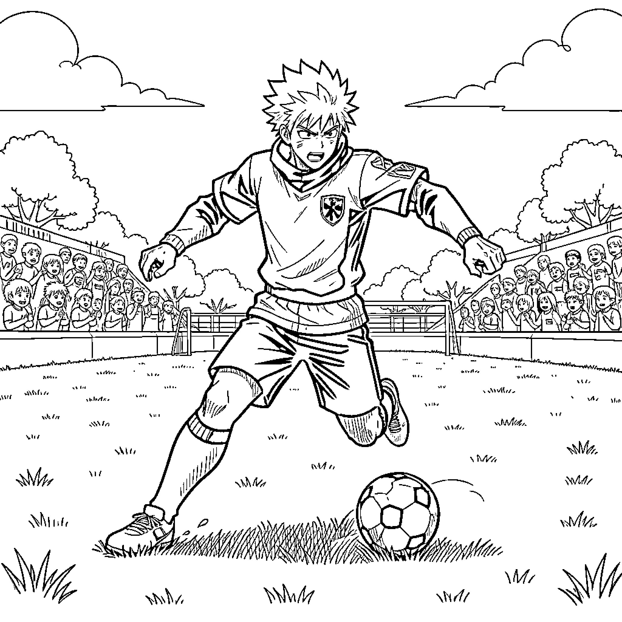 Gojo playing soccer in a stadium with crowd Coloring Page (free black-and-white line drawing printable PDF for all, from beginners to advanced learners, including children, teens, adults, and seniors)