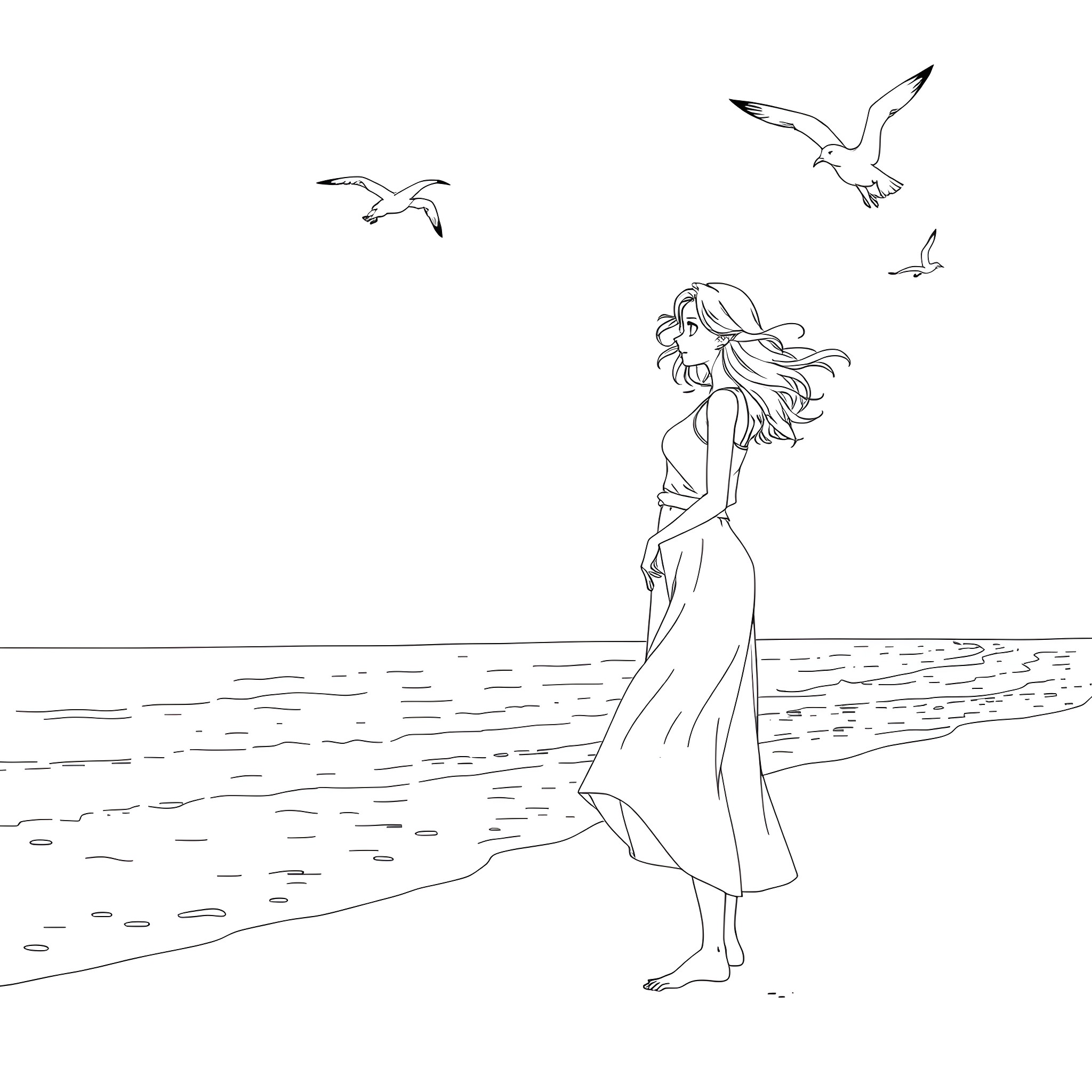 Woman walking by the ocean with seagulls Coloring Page (free black-and-white line drawing printable PDF for all, from beginners to advanced learners, including children, teens, adults, and seniors)