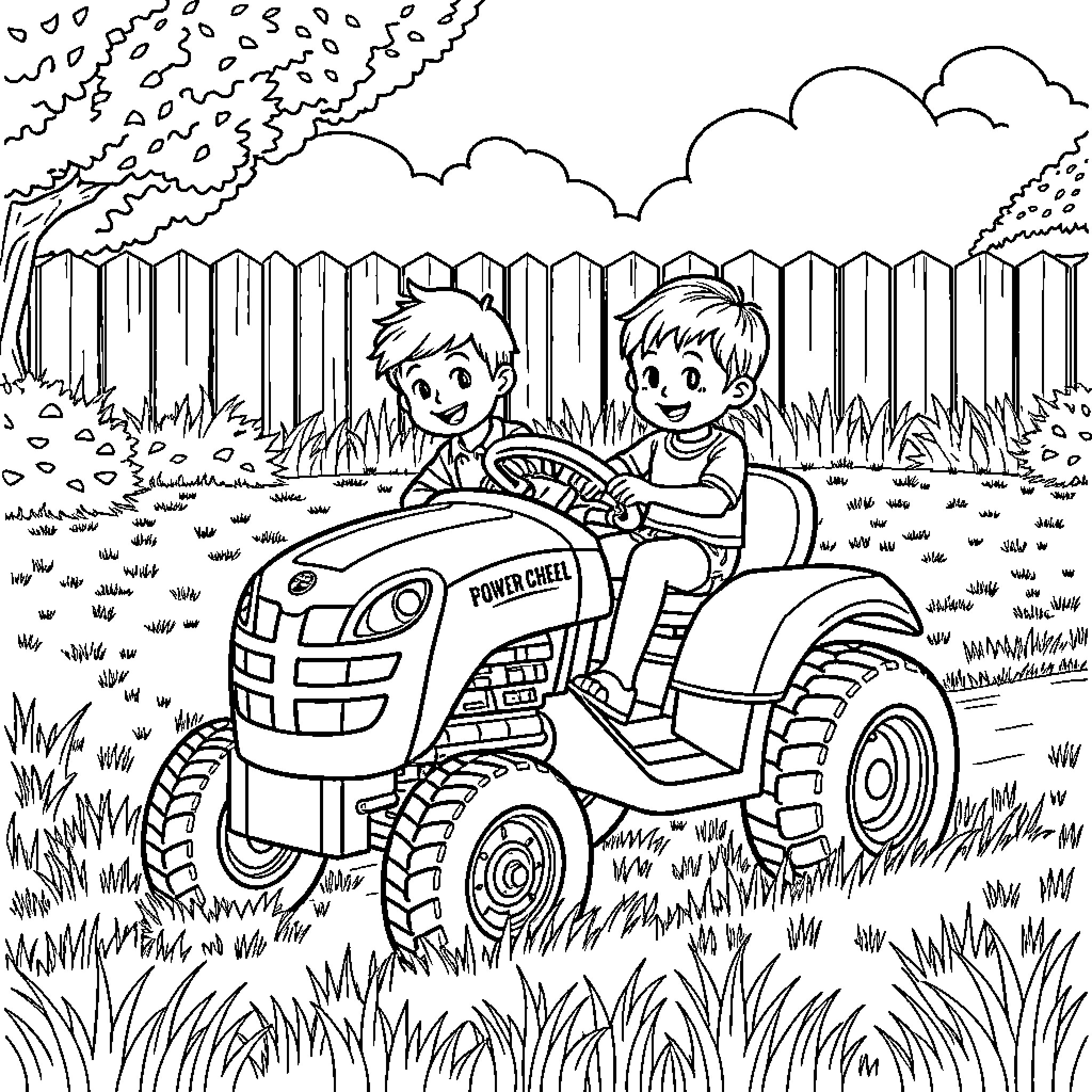 Kids playing on power tractor in the countryside Coloring Page (free black-and-white line drawing printable PDF for all, from beginners to advanced learners, including children, teens, adults, and seniors)