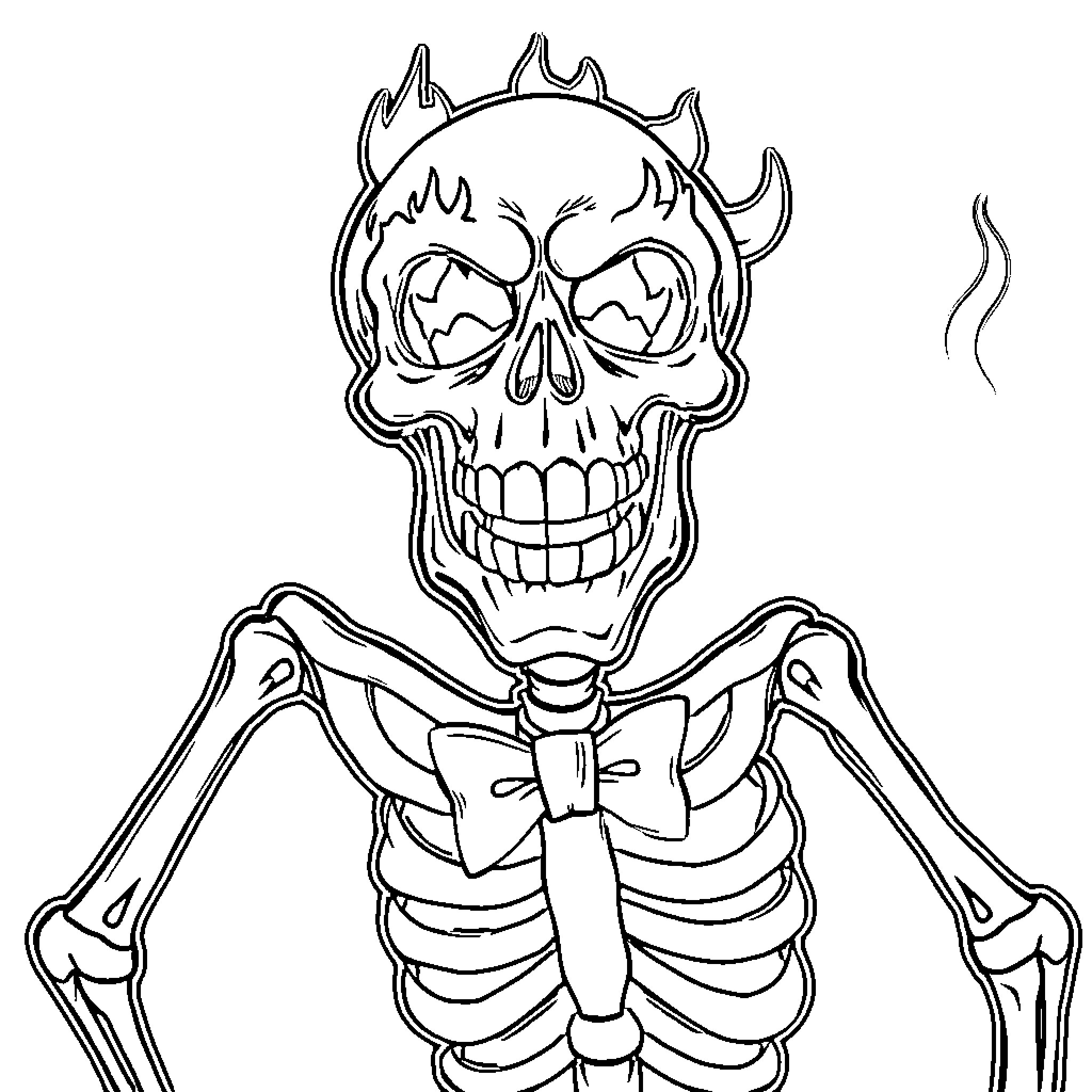 Skeleton in a bow tie and smoking a cigarette Coloring Page (free black-and-white line drawing printable PDF for all, from beginners to advanced learners, including children, teens, adults, and seniors)