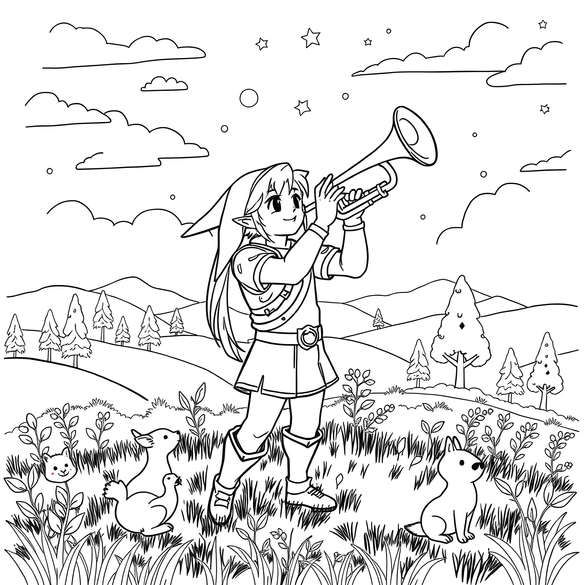 Link exploring the nature with trumpet in the field Coloring Page (free black-and-white line drawing printable PDF for all, from beginners to advanced learners, including children, teens, adults, and seniors)