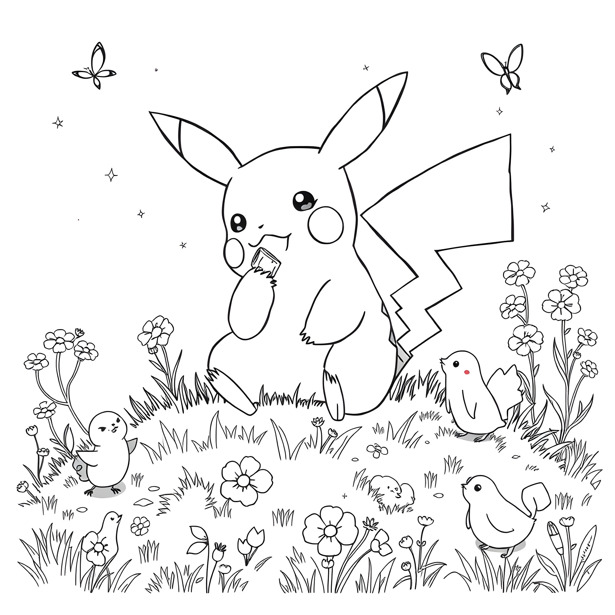 Pikachu playing joyfully in a field of flowers Coloring Page (free black-and-white line drawing printable PDF for all, from beginners to advanced learners, including children, teens, adults, and seniors)