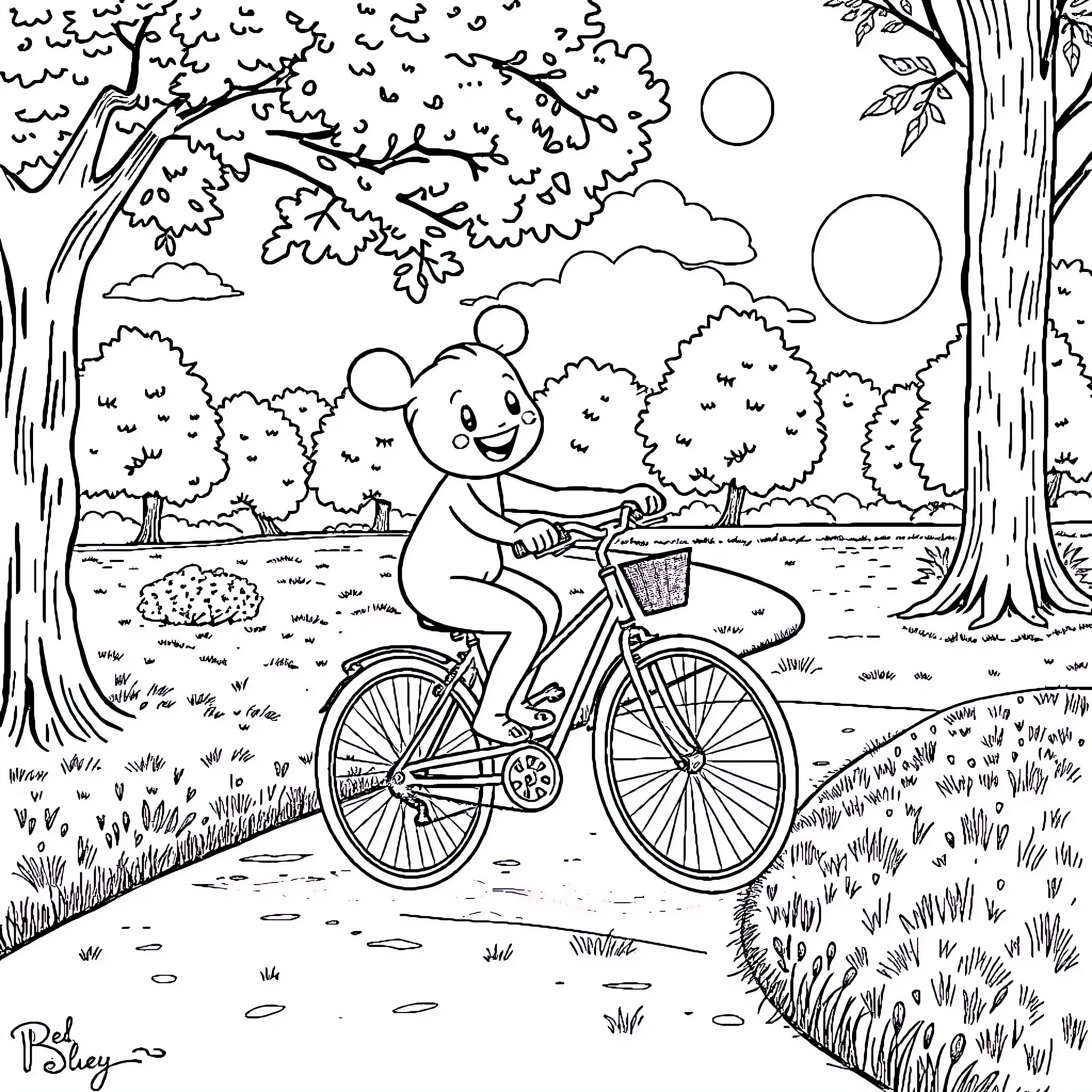 Bluey's Joyful Bicycle Ride in the Park Coloring Page (free black-and-white line drawing printable PDF for all, from beginners to advanced learners, including children, teens, adults, and seniors)