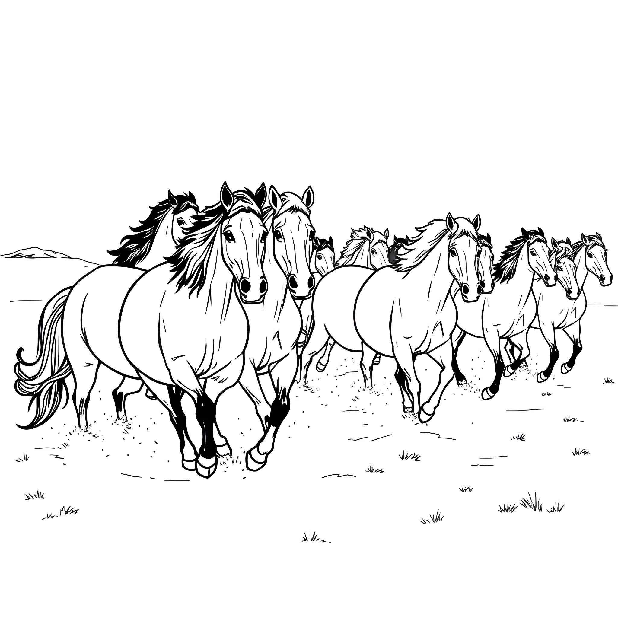 Horse herd galloping across the field Coloring Page (free black-and-white line drawing printable PDF for all, from beginners to advanced learners, including children, teens, adults, and seniors)