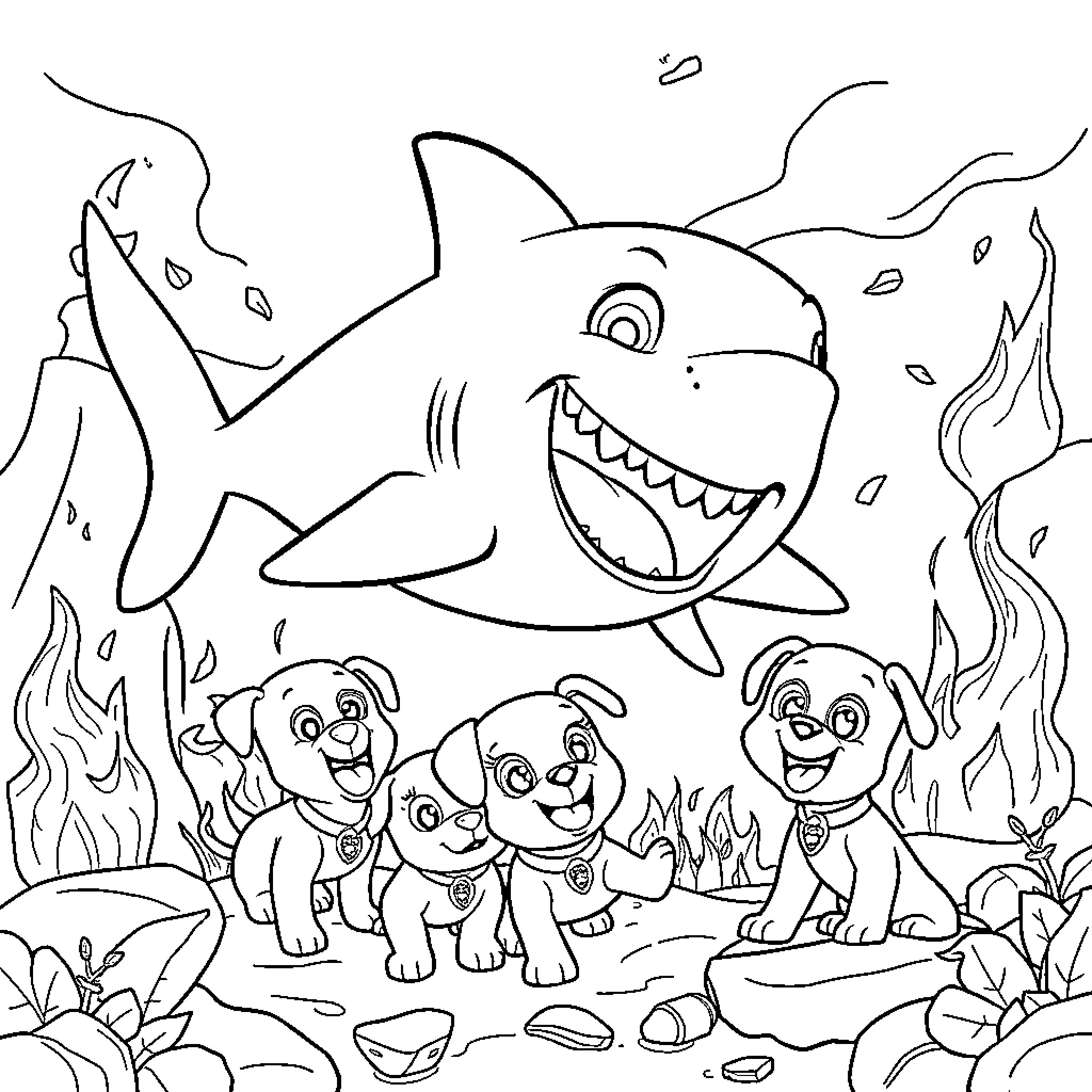 Shark surrounded by playful puppies in an underwater scene Coloring Page (free black-and-white line drawing printable PDF for all, from beginners to advanced learners, including children, teens, adults, and seniors)