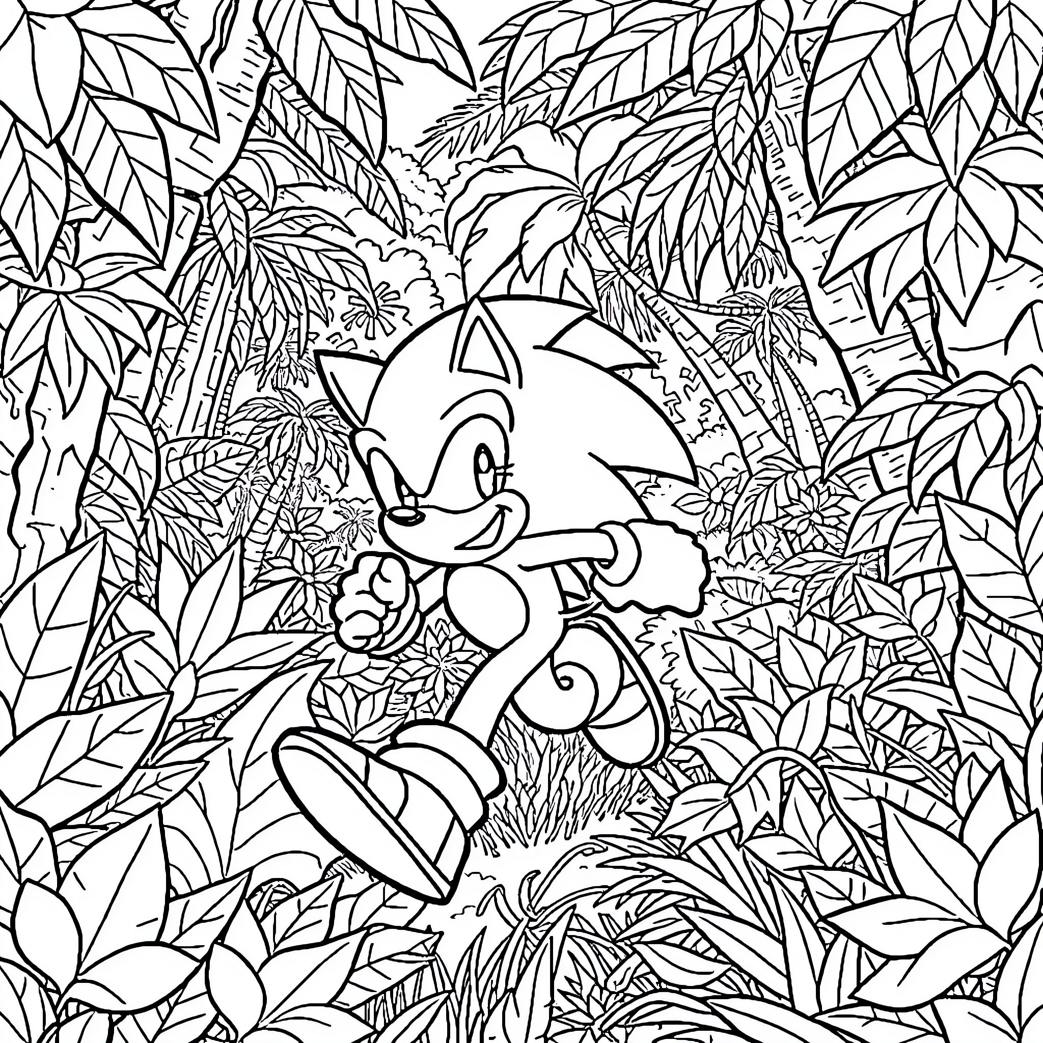 Sonic exploring the lush jungle Coloring Page (free black-and-white line drawing printable PDF for all, from beginners to advanced learners, including children, teens, adults, and seniors)