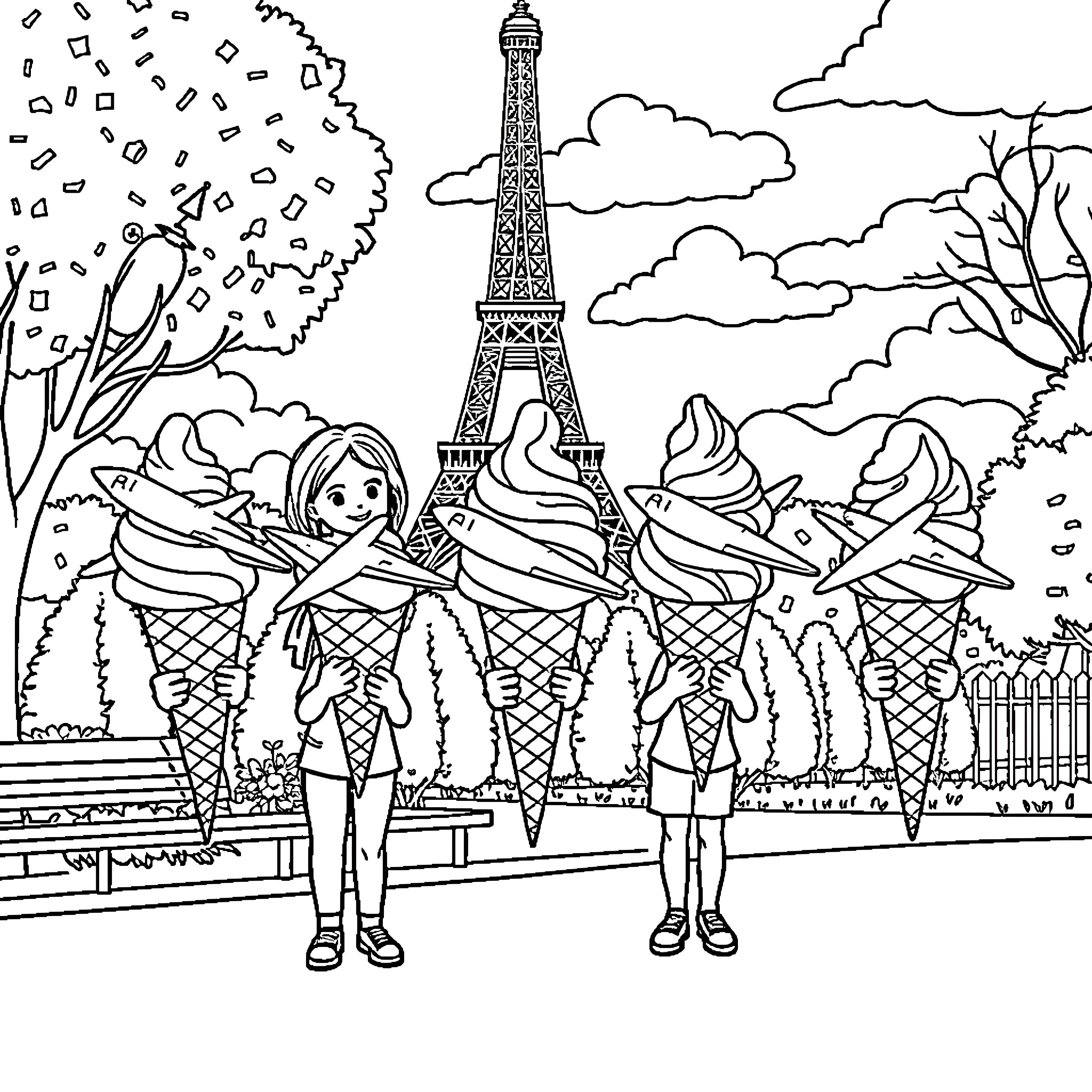 Airplane with People Enjoying Parisian Scenery Coloring Page (free black-and-white line drawing printable PDF for all, from beginners to advanced learners, including children, teens, adults, and seniors)