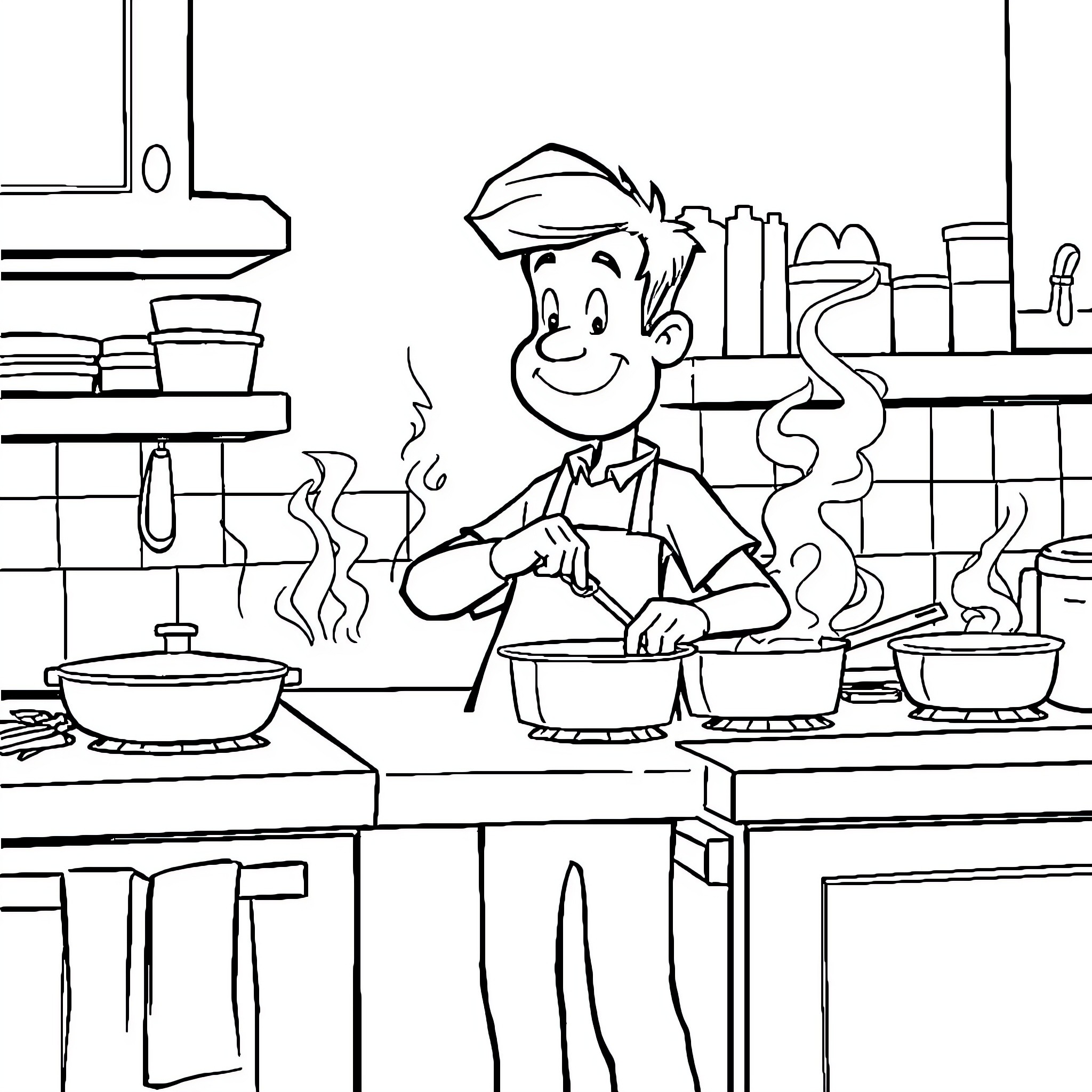 Billy Hotchkiss Cooking Happily in the Kitchen Coloring Page (free black-and-white line drawing printable PDF for all, from beginners to advanced learners, including children, teens, adults, and seniors)