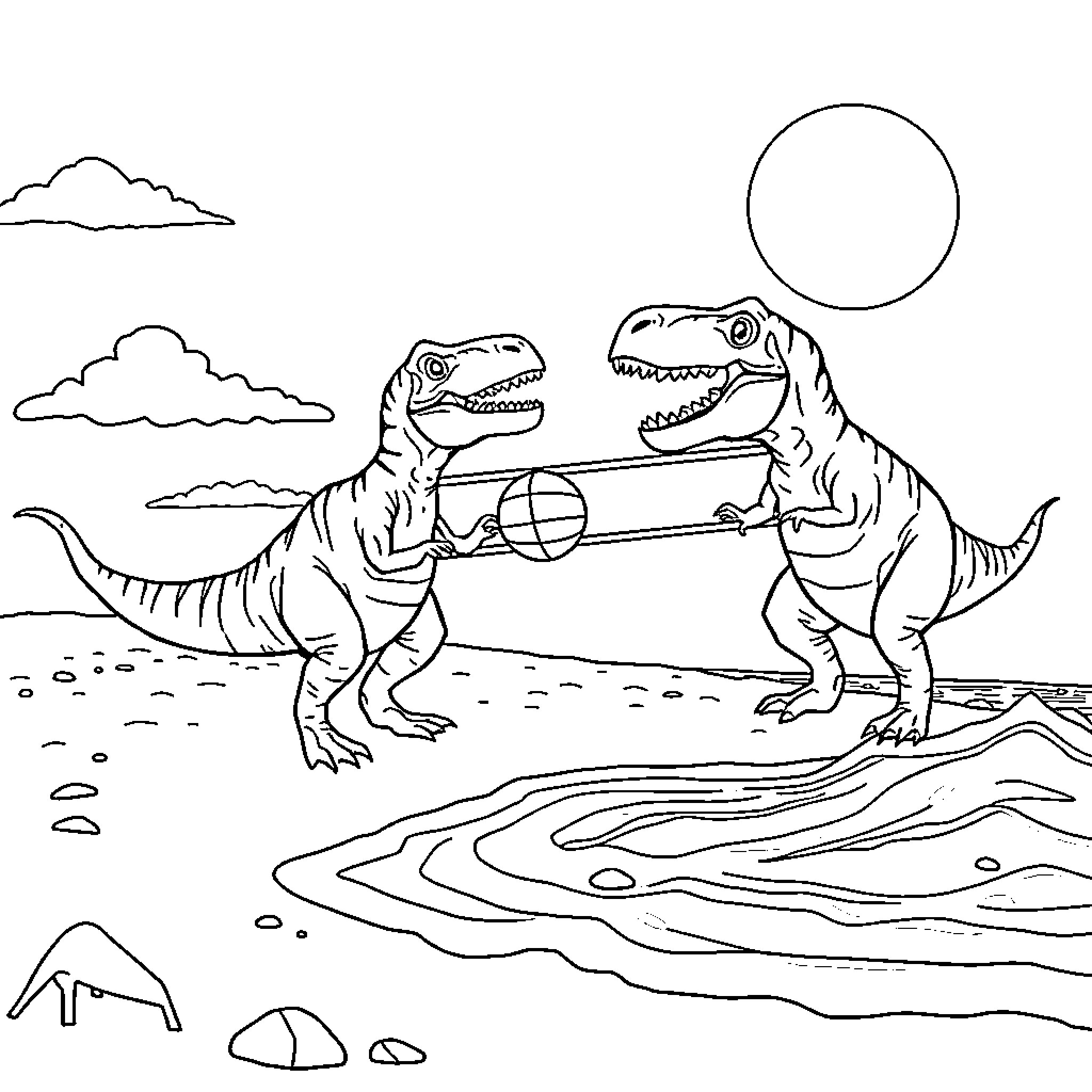 T-Rex Dinosaurs Playing Ball in the Prehistoric Landscape Coloring Page (free black-and-white line drawing printable PDF for all, from beginners to advanced learners, including children, teens, adults, and seniors)