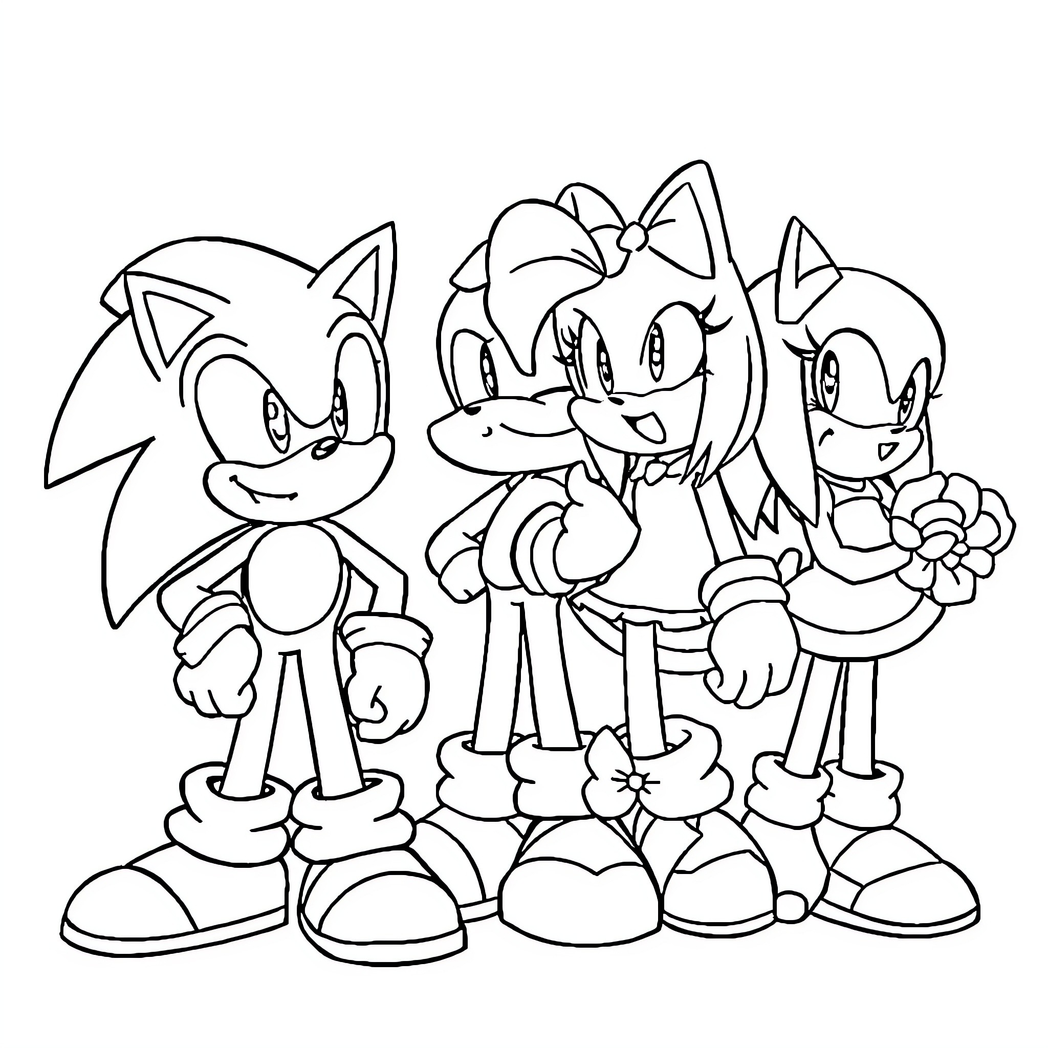 Sonic Characters Posing in Animated Style Coloring Page (free black-and-white line drawing printable PDF for all, from beginners to advanced learners, including children, teens, adults, and seniors)