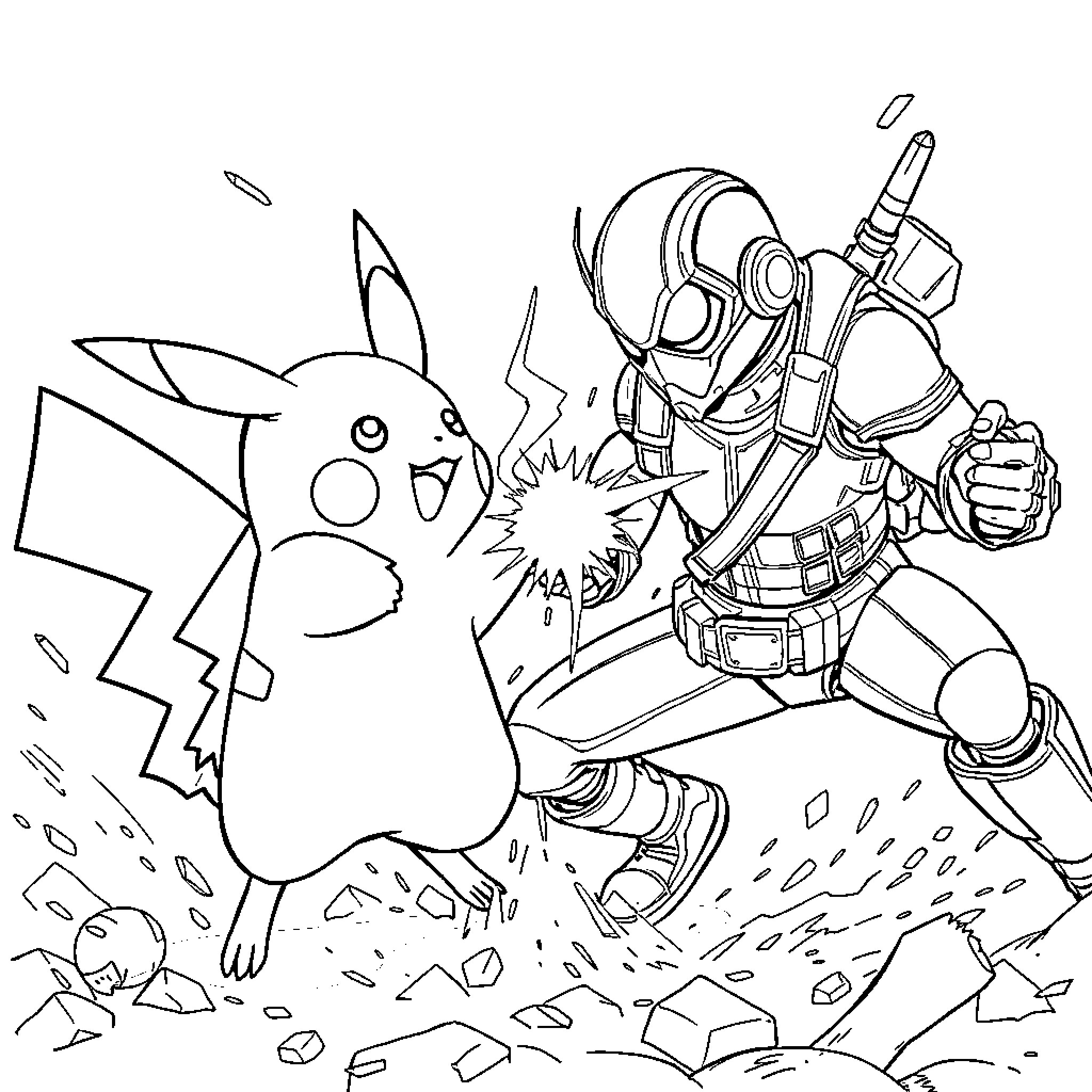 Pikachu in action-packed battle with armored warrior Coloring Page (free black-and-white line drawing printable PDF for all, from beginners to advanced learners, including children, teens, adults, and seniors)