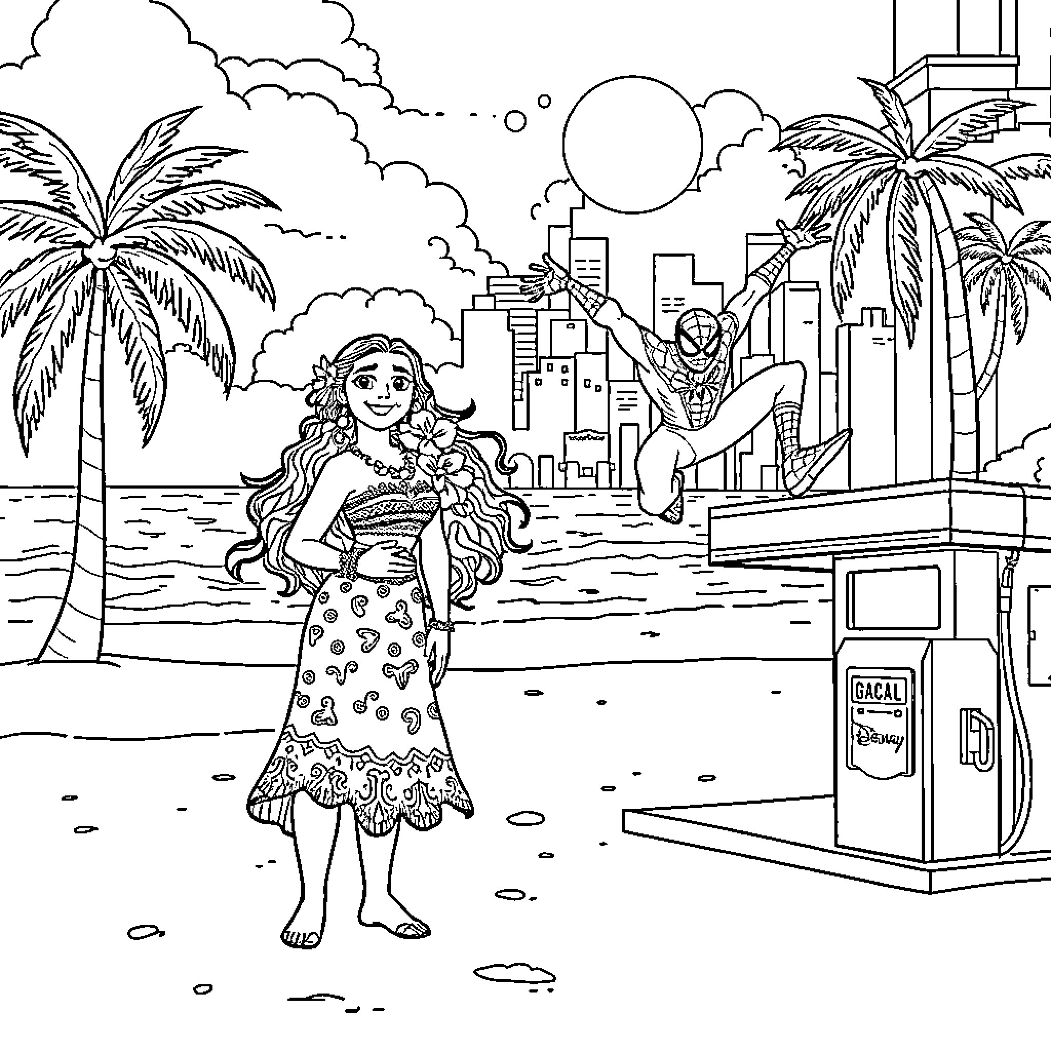 Moana enjoying the tropical beach with Spiderman Coloring Page (free black-and-white line drawing printable PDF for all, from beginners to advanced learners, including children, teens, adults, and seniors)
