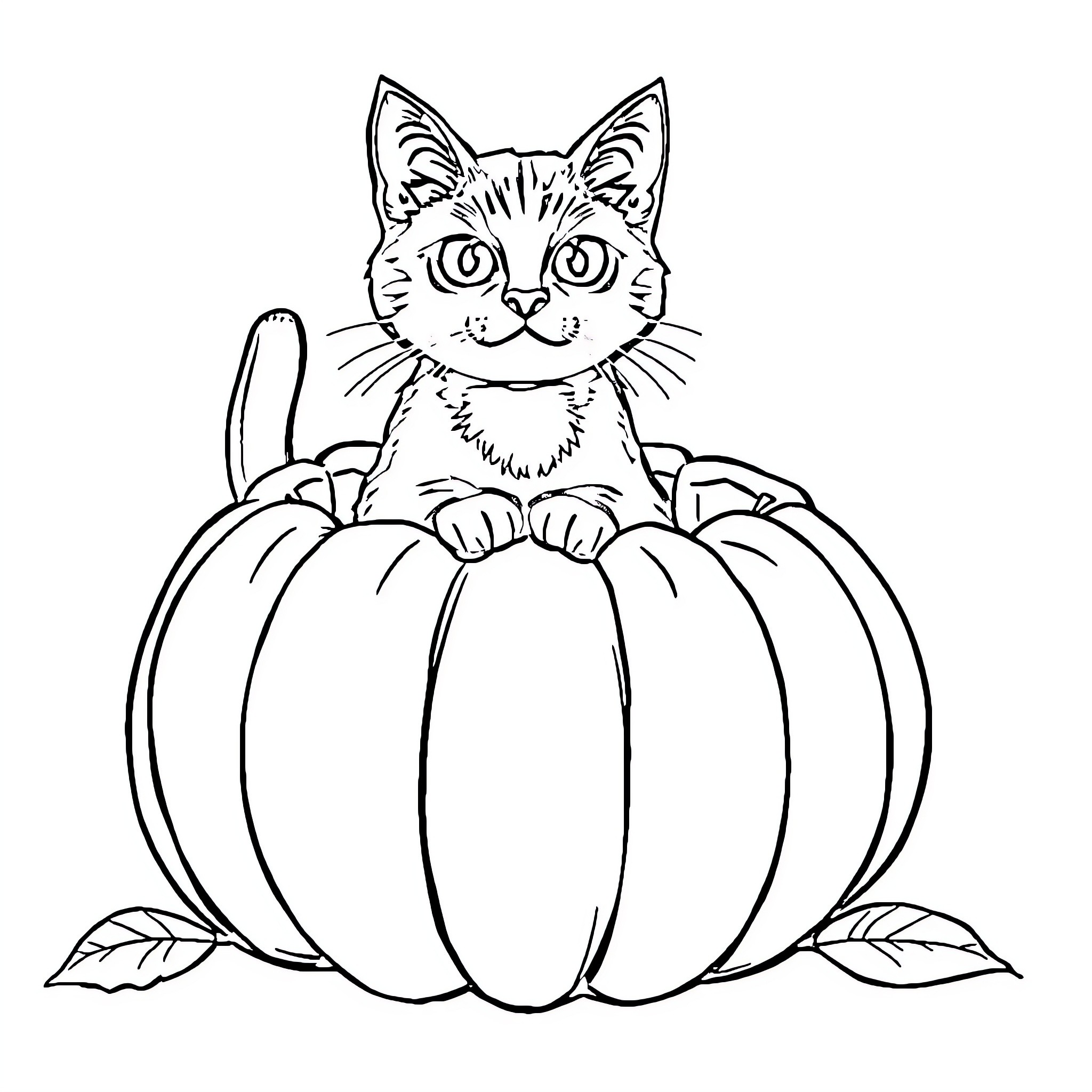 Cat sitting on a pumpkin Coloring Page (free black-and-white line drawing printable PDF for all, from beginners to advanced learners, including children, teens, adults, and seniors)