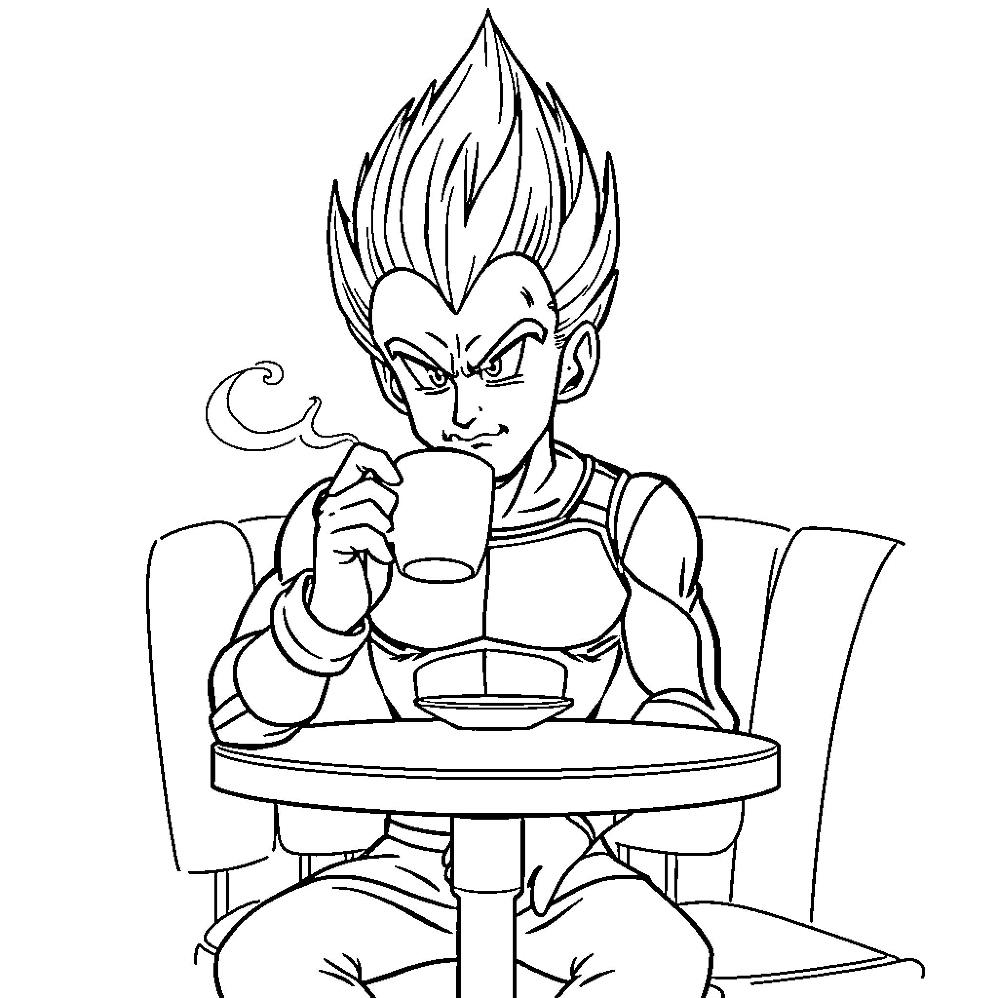Vegeta drinking tea with intense expression Coloring Page (free black-and-white line drawing printable PDF for all, from beginners to advanced learners, including children, teens, adults, and seniors)