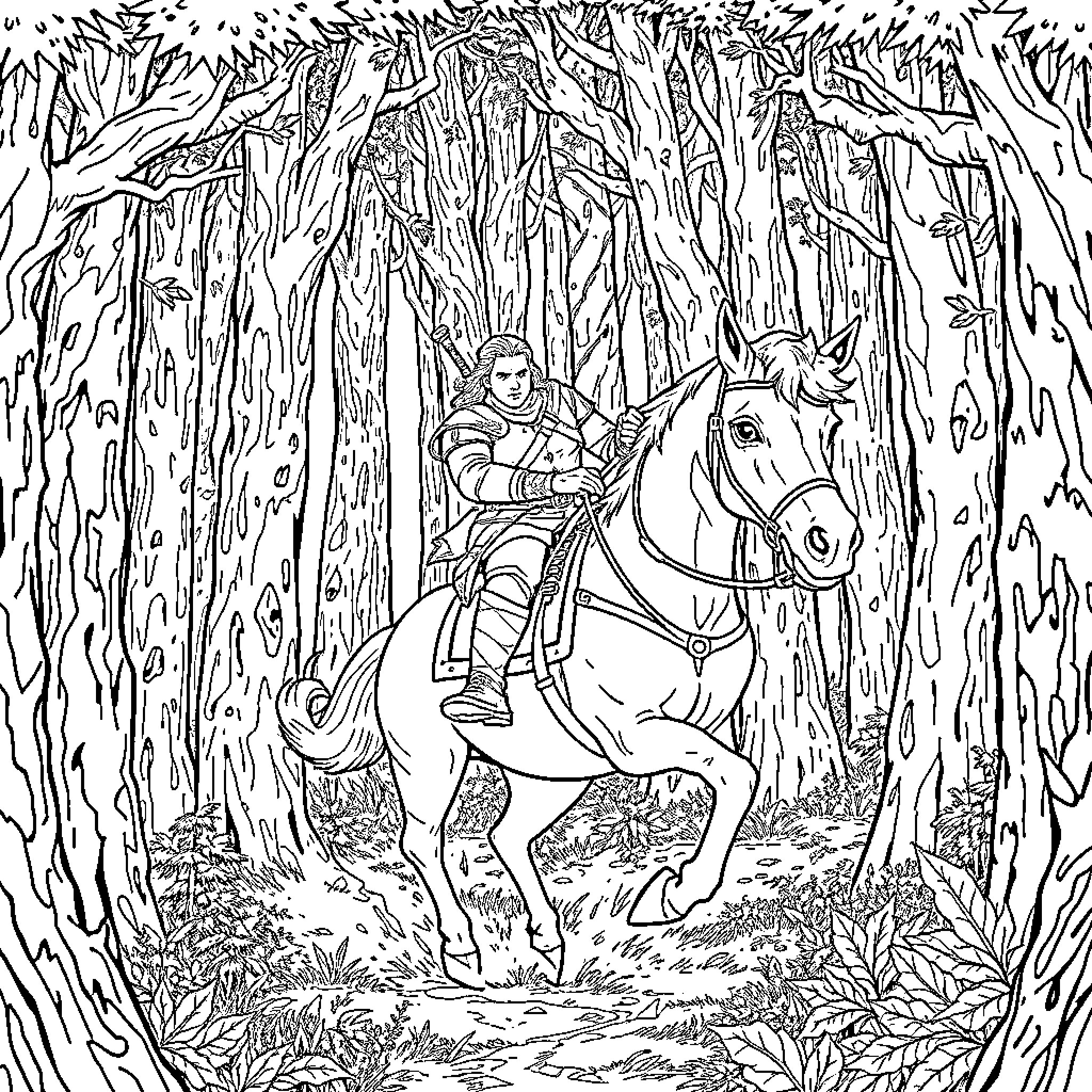Geralt's Adventurous Journey Through the Enchanted Forest Coloring Page (free black-and-white line drawing printable PDF for all, from beginners to advanced learners, including children, teens, adults, and seniors)