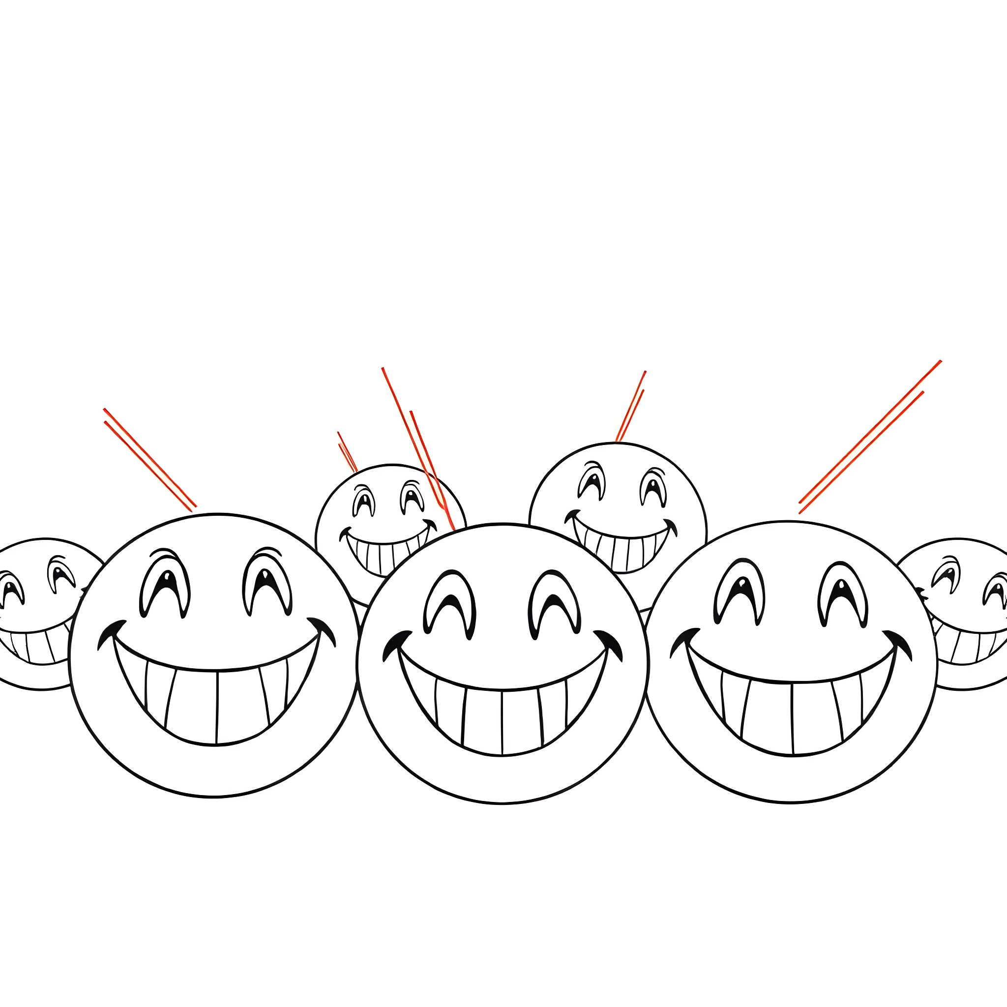 Smiley Faces Grinning with Glee Coloring Page (free black-and-white line drawing printable PDF for all, from beginners to advanced learners, including children, teens, adults, and seniors)