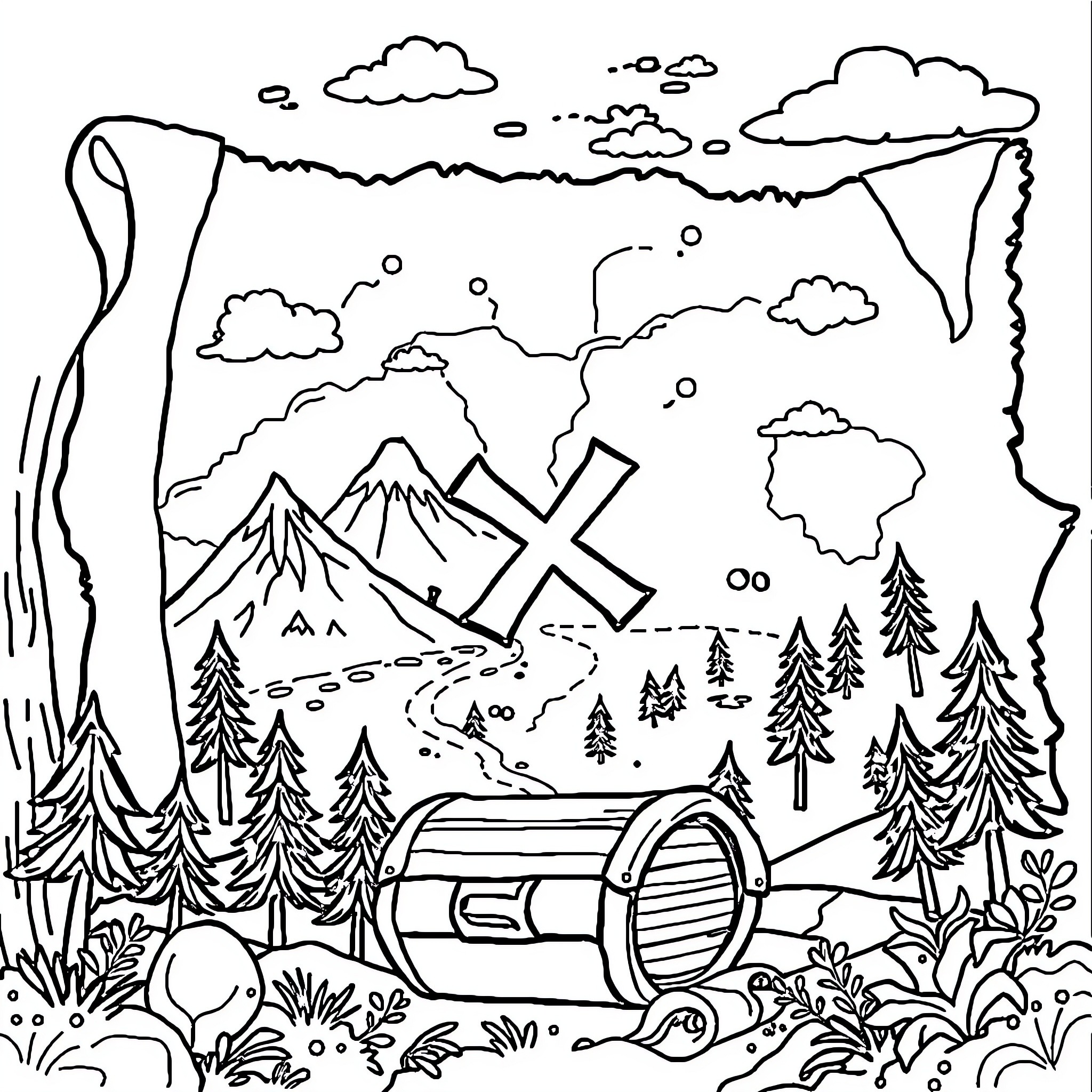 Treasure Map of Outdoor Adventure Coloring Page (free black-and-white line drawing printable PDF for all, from beginners to advanced learners, including children, teens, adults, and seniors)