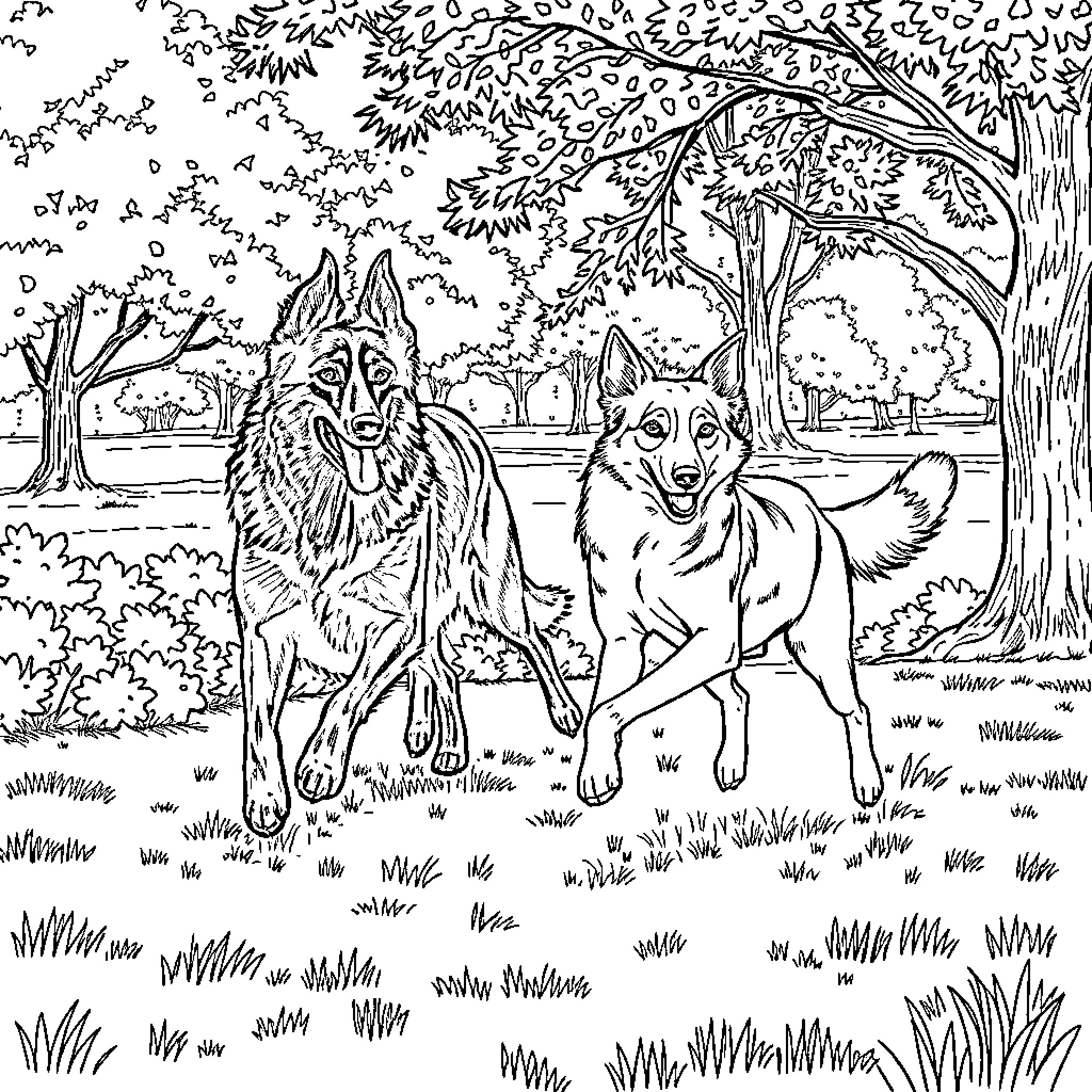 Dog companions exploring the outdoor scenery Coloring Page (free black-and-white line drawing printable PDF for all, from beginners to advanced learners, including children, teens, adults, and seniors)