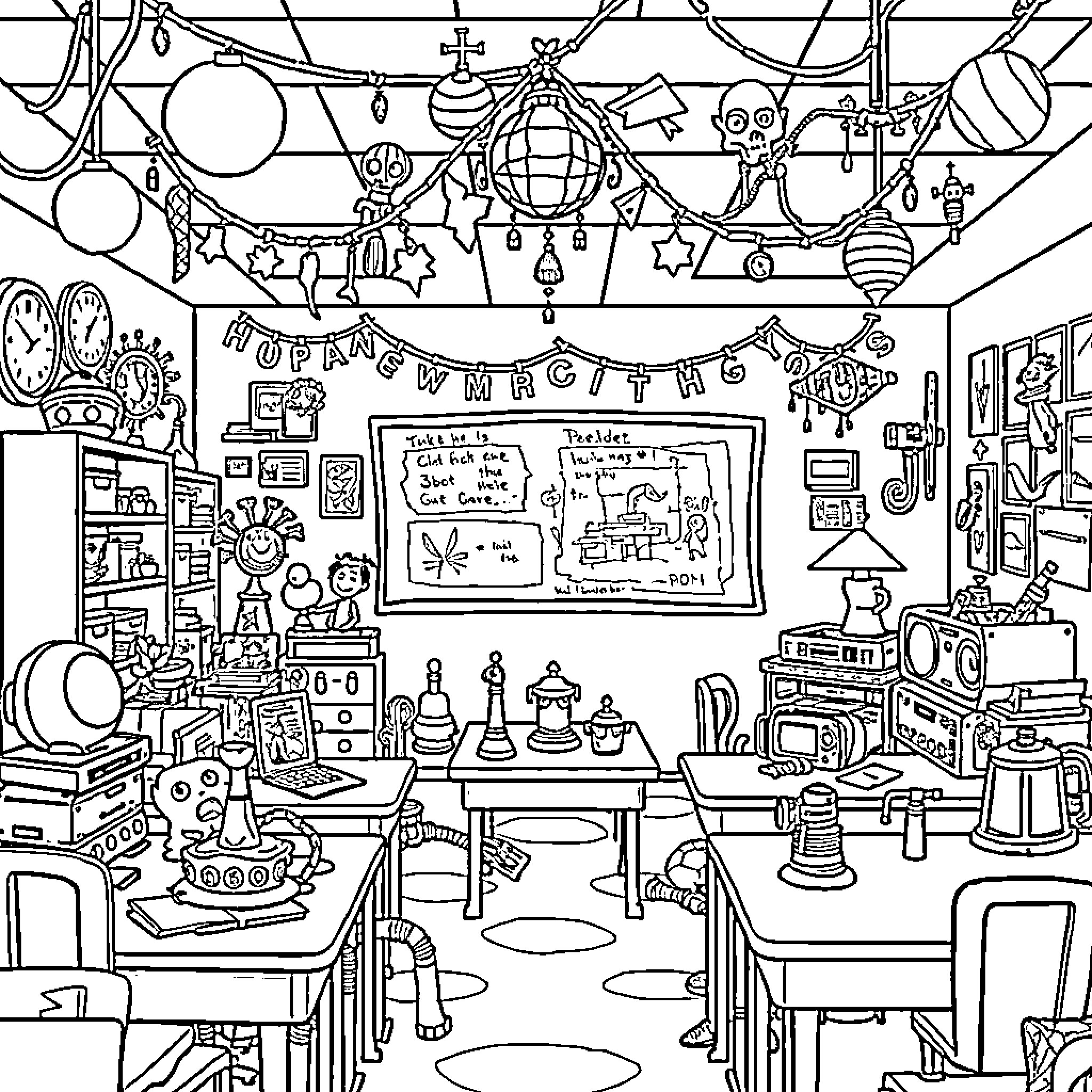 Classroom Filled with Decorations and Learning Supplies Coloring Page (free black-and-white line drawing printable PDF for all, from beginners to advanced learners, including children, teens, adults, and seniors)