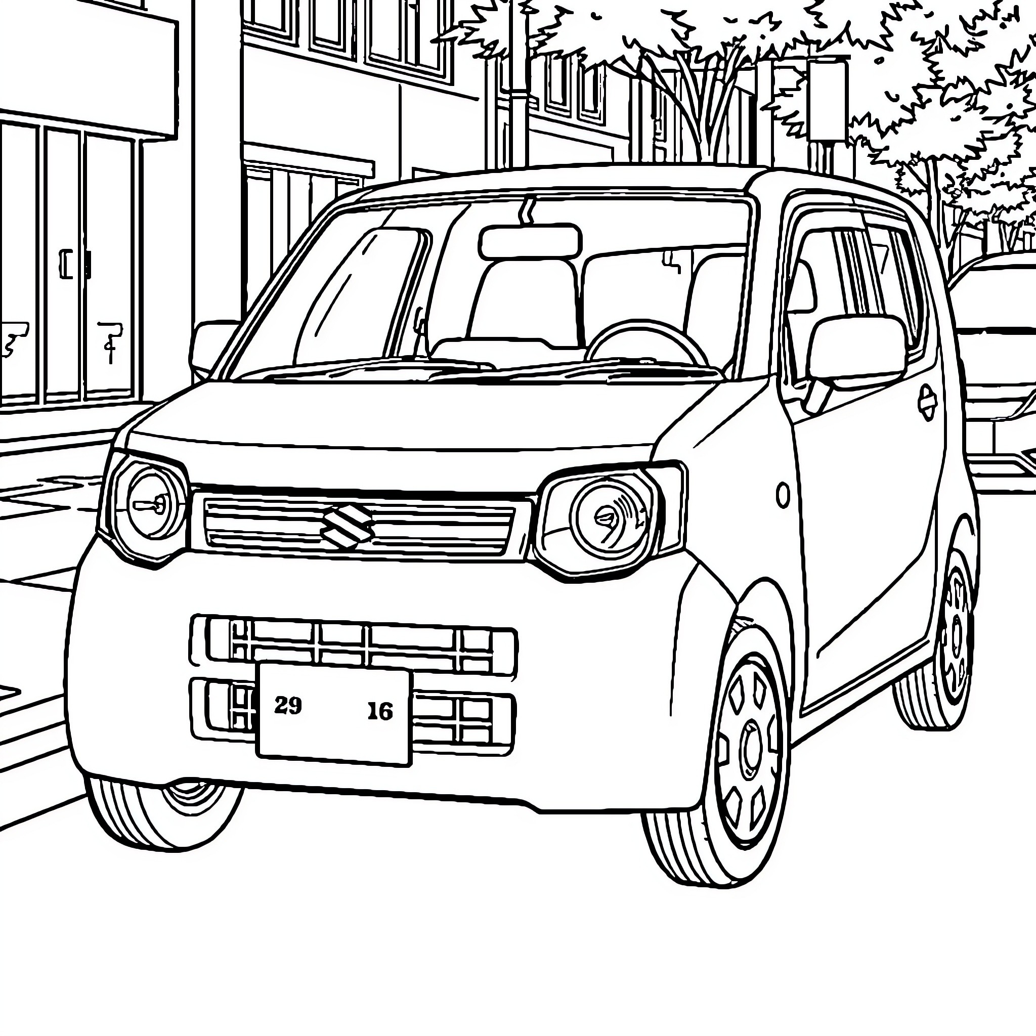 Daihatsu Materia parked on a city street Coloring Page (free black-and-white line drawing printable PDF for all, from beginners to advanced learners, including children, teens, adults, and seniors)