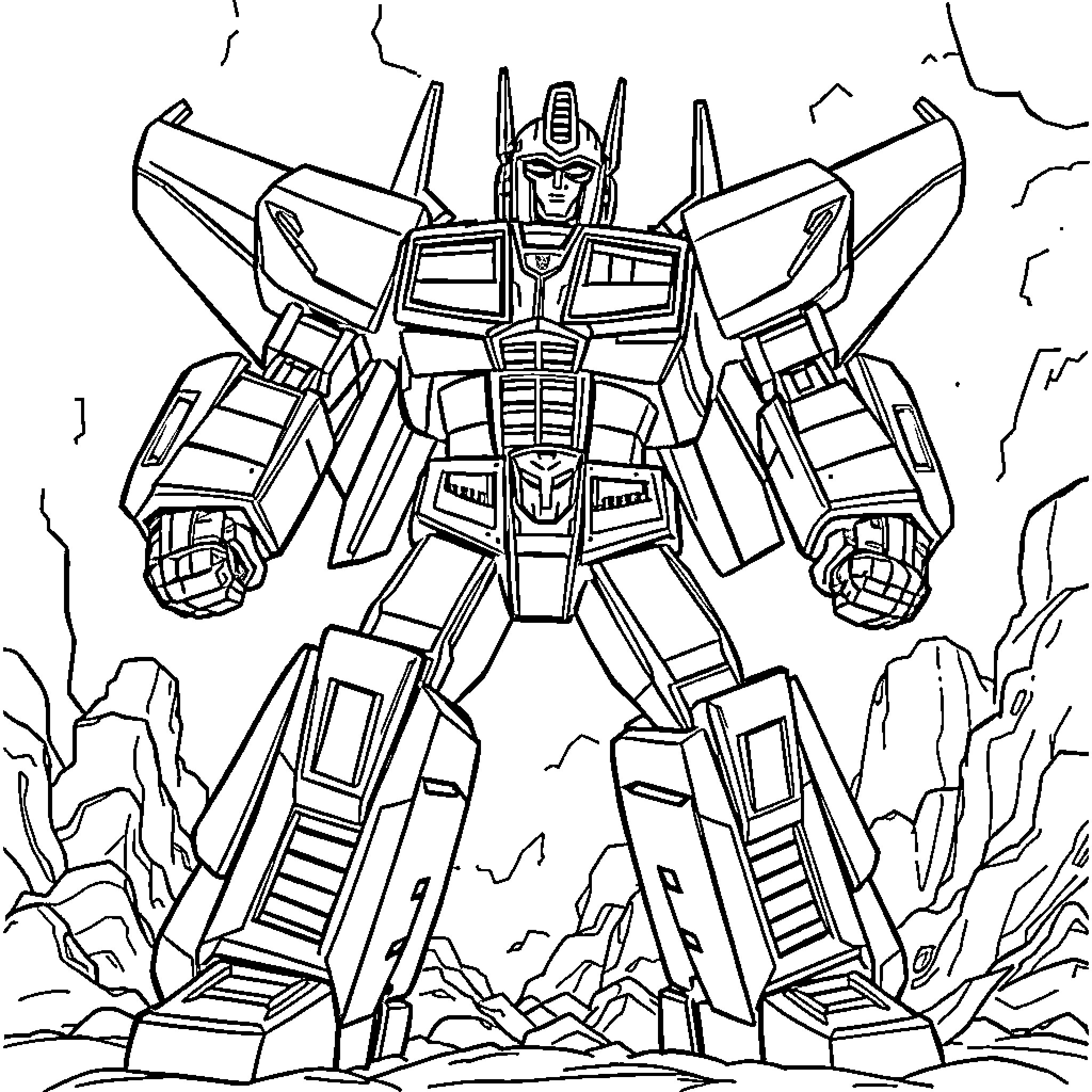 Voltron robot warrior in action stance Coloring Page (free black-and-white line drawing printable PDF for all, from beginners to advanced learners, including children, teens, adults, and seniors)