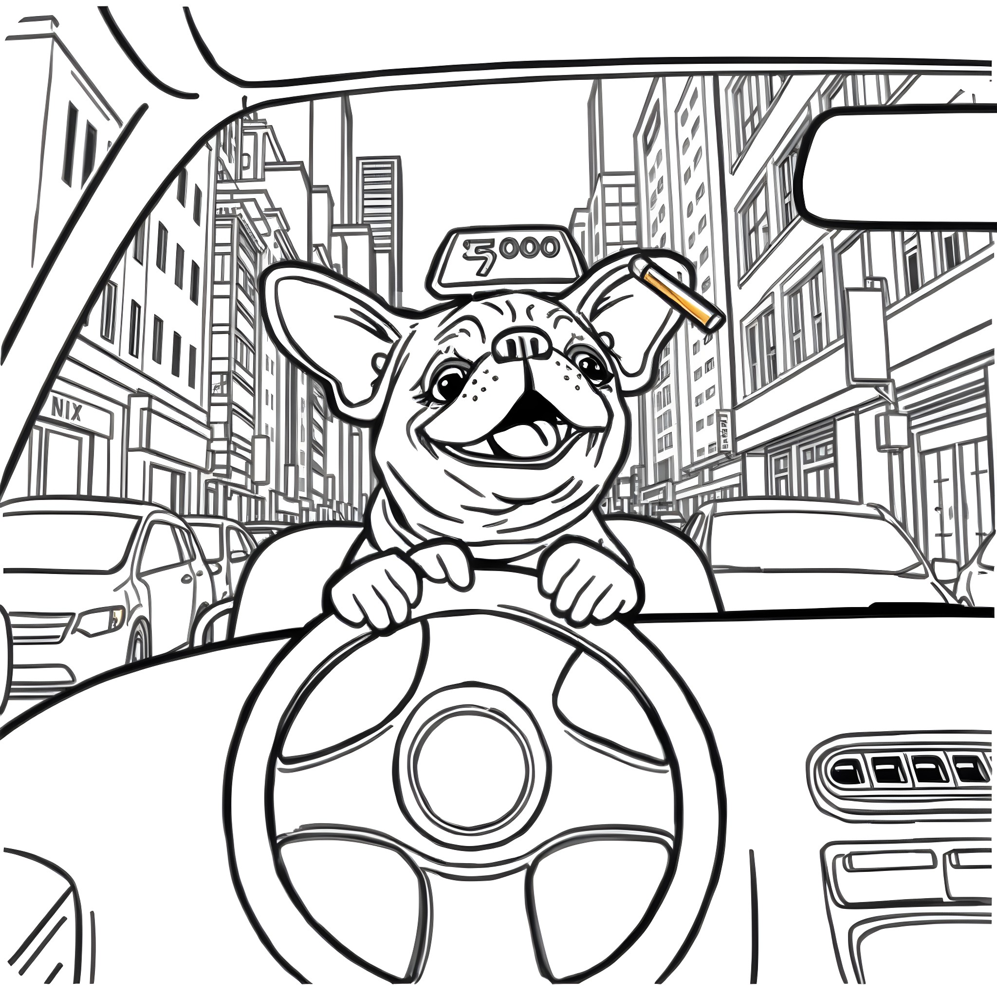 Pug enjoying a car ride through the city Coloring Page (free black-and-white line drawing printable PDF for all, from beginners to advanced learners, including children, teens, adults, and seniors)