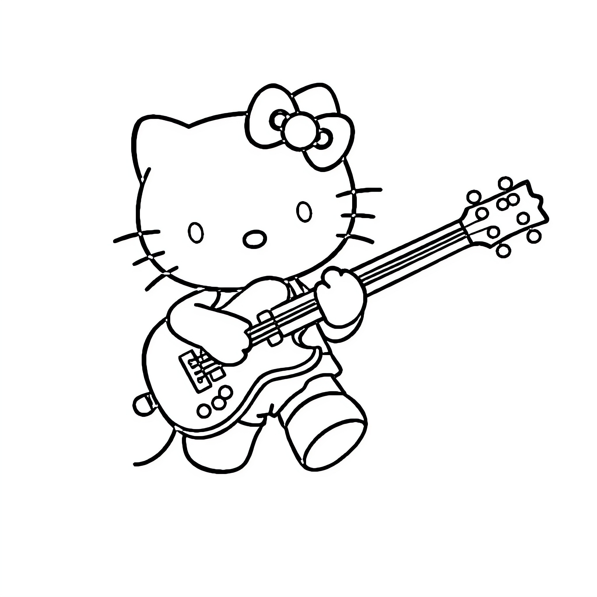 Hello Kitty playing guitar happily Coloring Page (free black-and-white line drawing printable PDF for all, from beginners to advanced learners, including children, teens, adults, and seniors)
