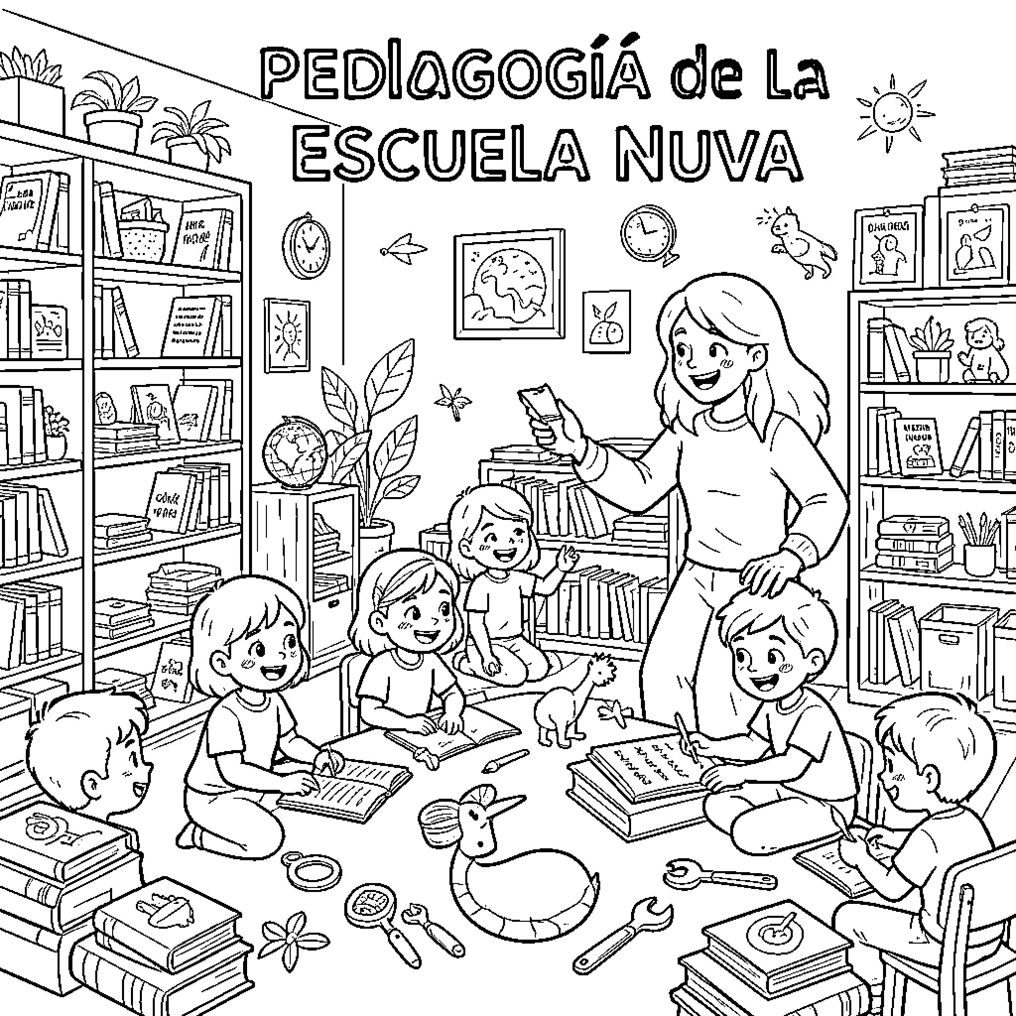 Pedagogy showing a teacher interacting with children in a classroom Coloring Page (free black-and-white line drawing printable PDF for all, from beginners to advanced learners, including children, teens, adults, and seniors)