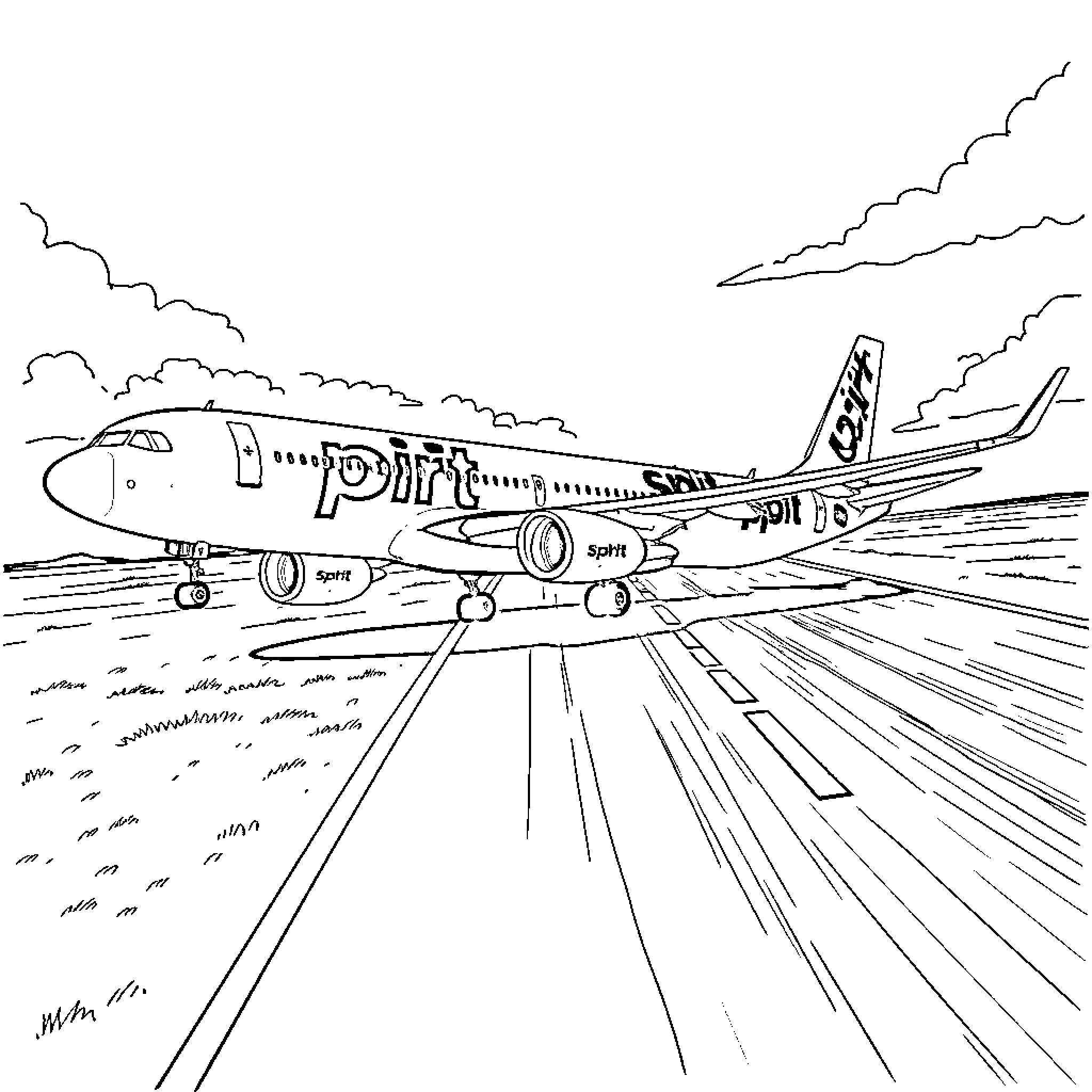 Airplane taking off from the runway Coloring Page (free black-and-white line drawing printable PDF for all, from beginners to advanced learners, including children, teens, adults, and seniors)