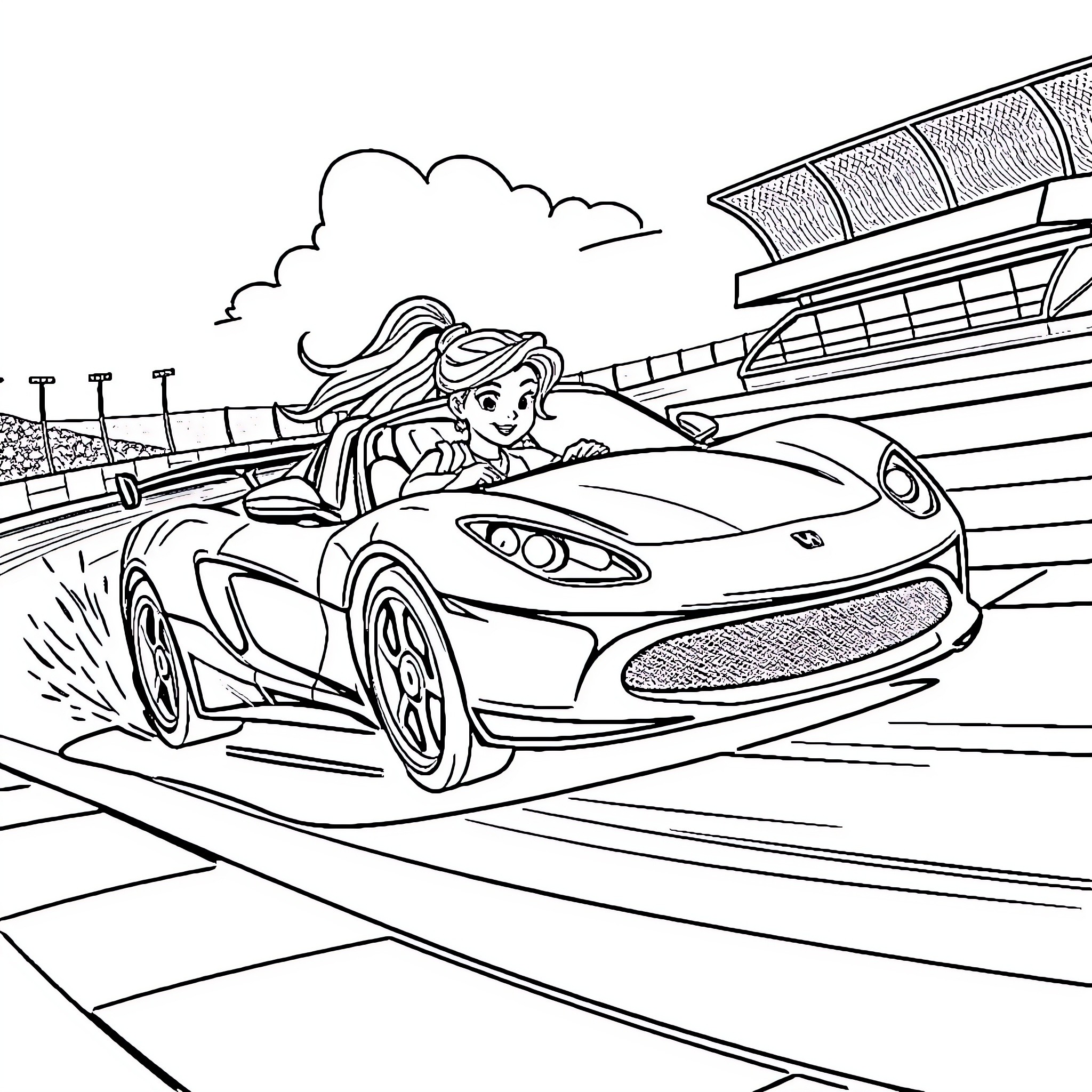 Girl driving sporty car on racetrack Coloring Page (free black-and-white line drawing printable PDF for all, from beginners to advanced learners, including children, teens, adults, and seniors)