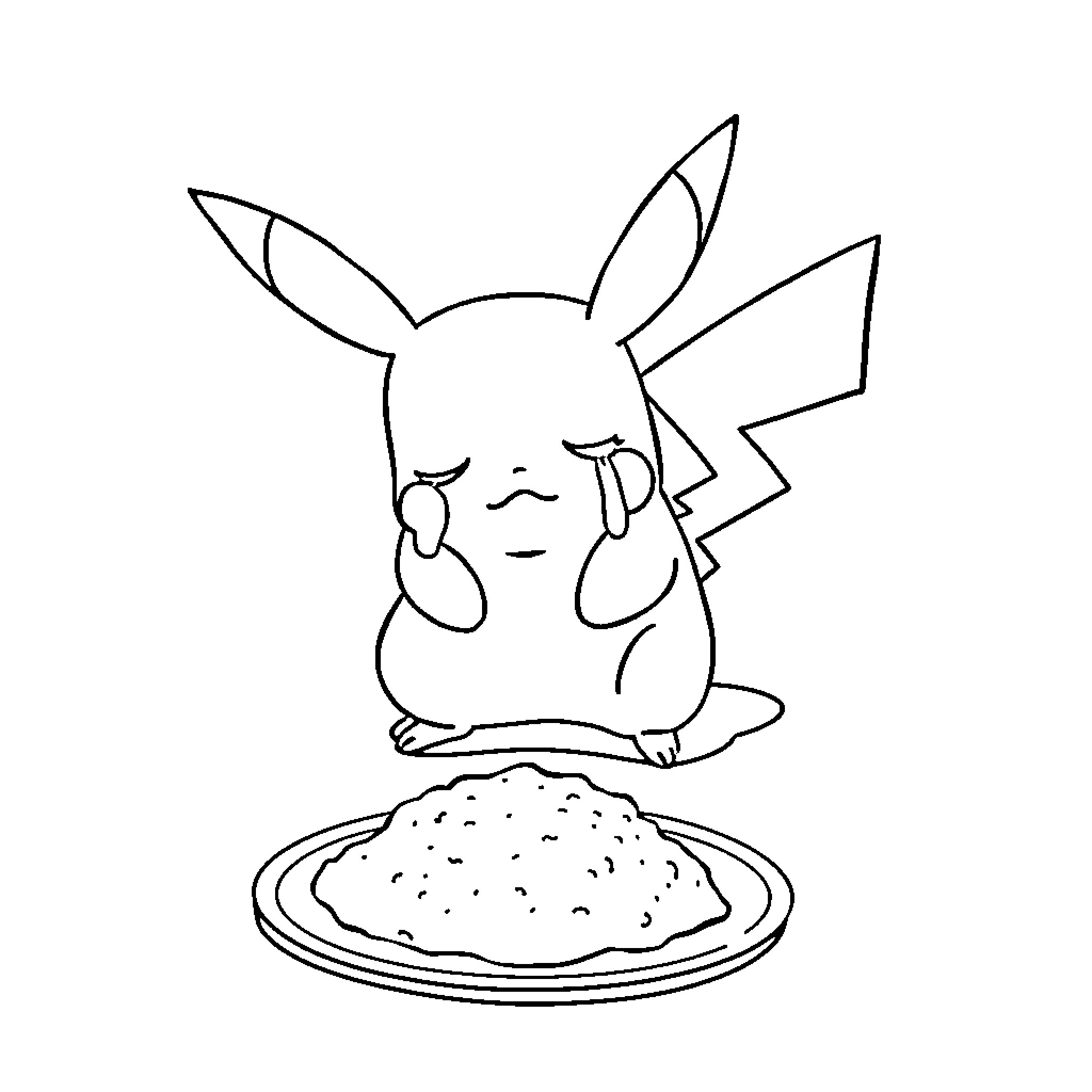 Pikachu enjoying a savory meal Coloring Page (free black-and-white line drawing printable PDF for all, from beginners to advanced learners, including children, teens, adults, and seniors)