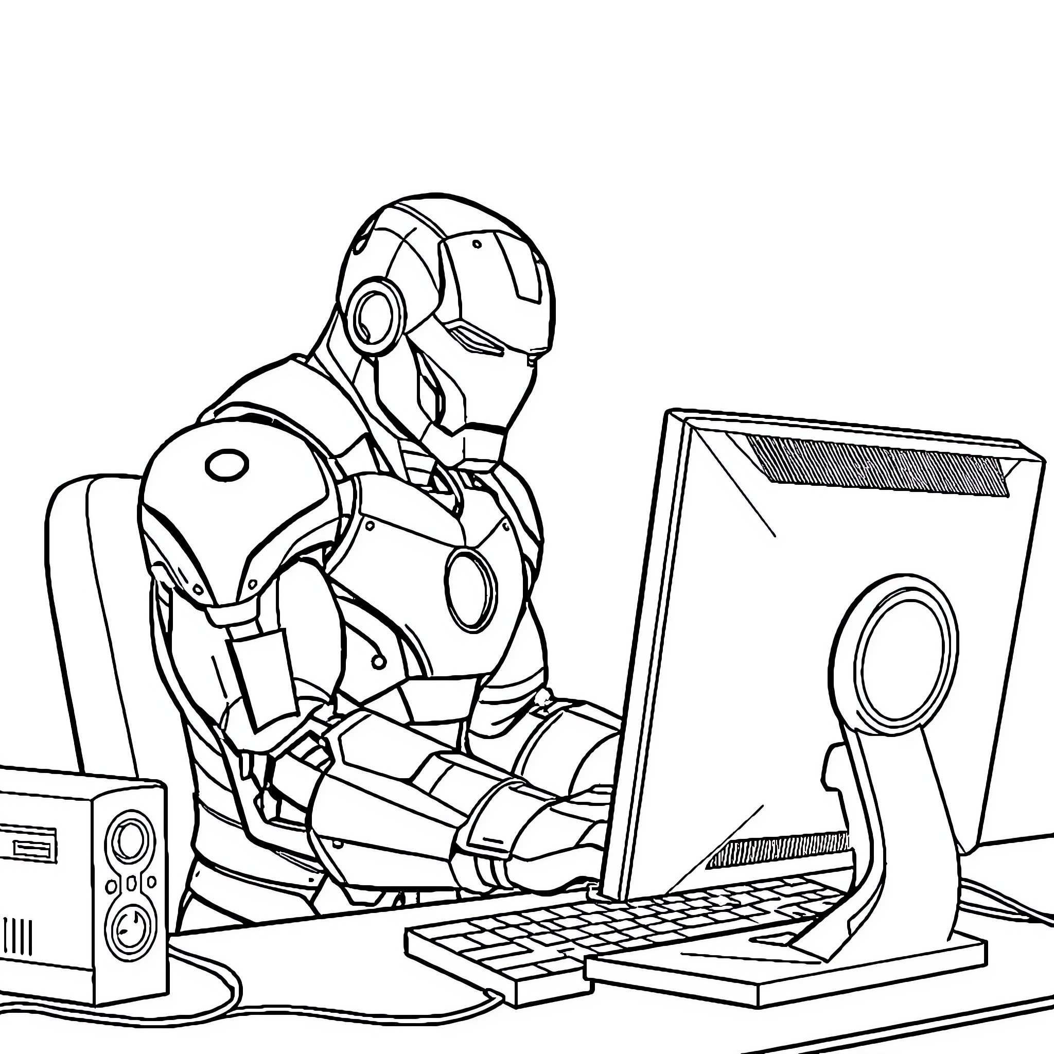 Iron Man designing computer systems in a workspace Coloring Page (free black-and-white line drawing printable PDF for all, from beginners to advanced learners, including children, teens, adults, and seniors)