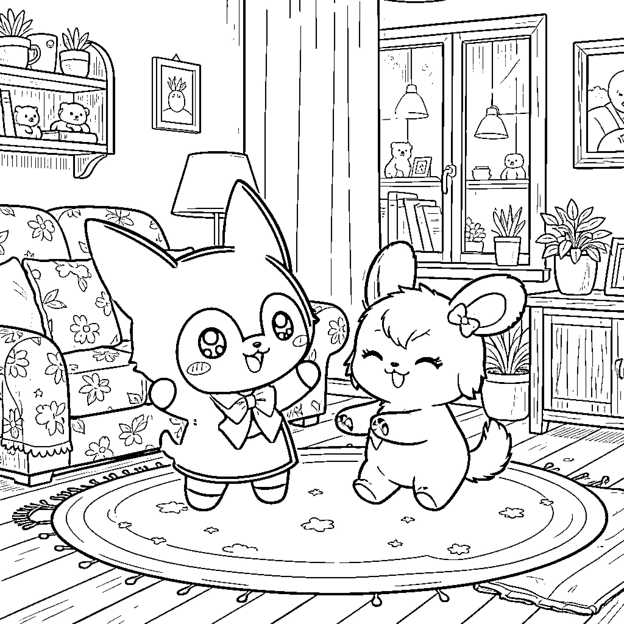 Kuromi and a friend dancing together in a cozy room Coloring Page (free black-and-white line drawing printable PDF for all, from beginners to advanced learners, including children, teens, adults, and seniors)