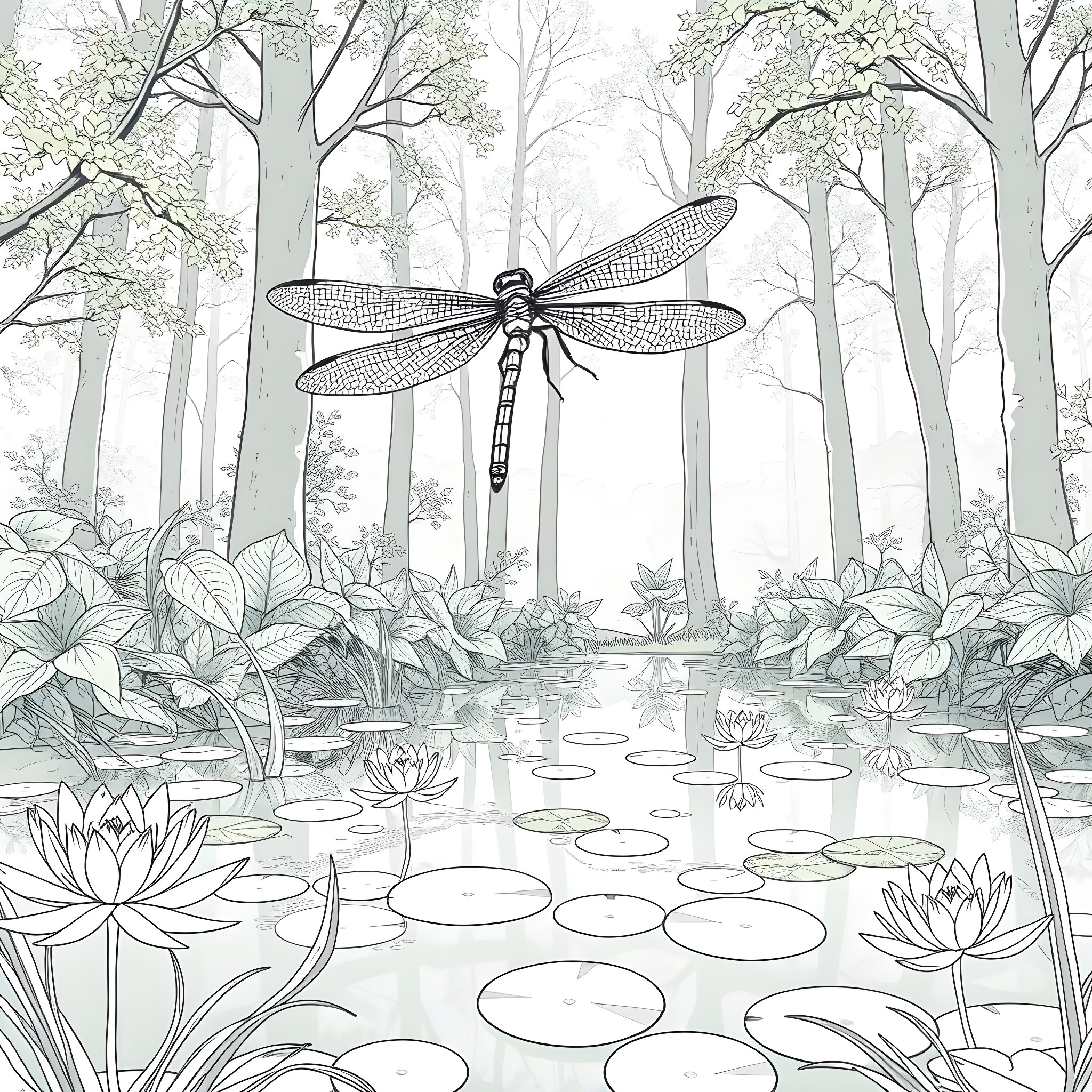 Dragonfly hovering over a serene lily pond Coloring Page (free black-and-white line drawing printable PDF for all, from beginners to advanced learners, including children, teens, adults, and seniors)