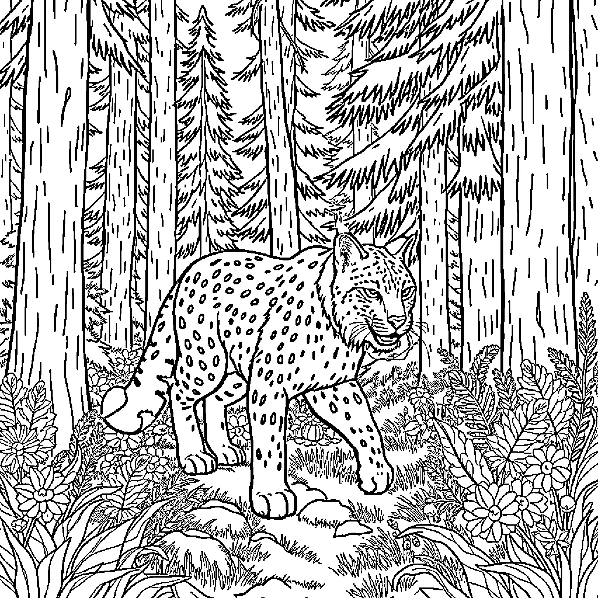 Lynx in a Lush Forest Clearing Coloring Page (free black-and-white line drawing printable PDF for all, from beginners to advanced learners, including children, teens, adults, and seniors)