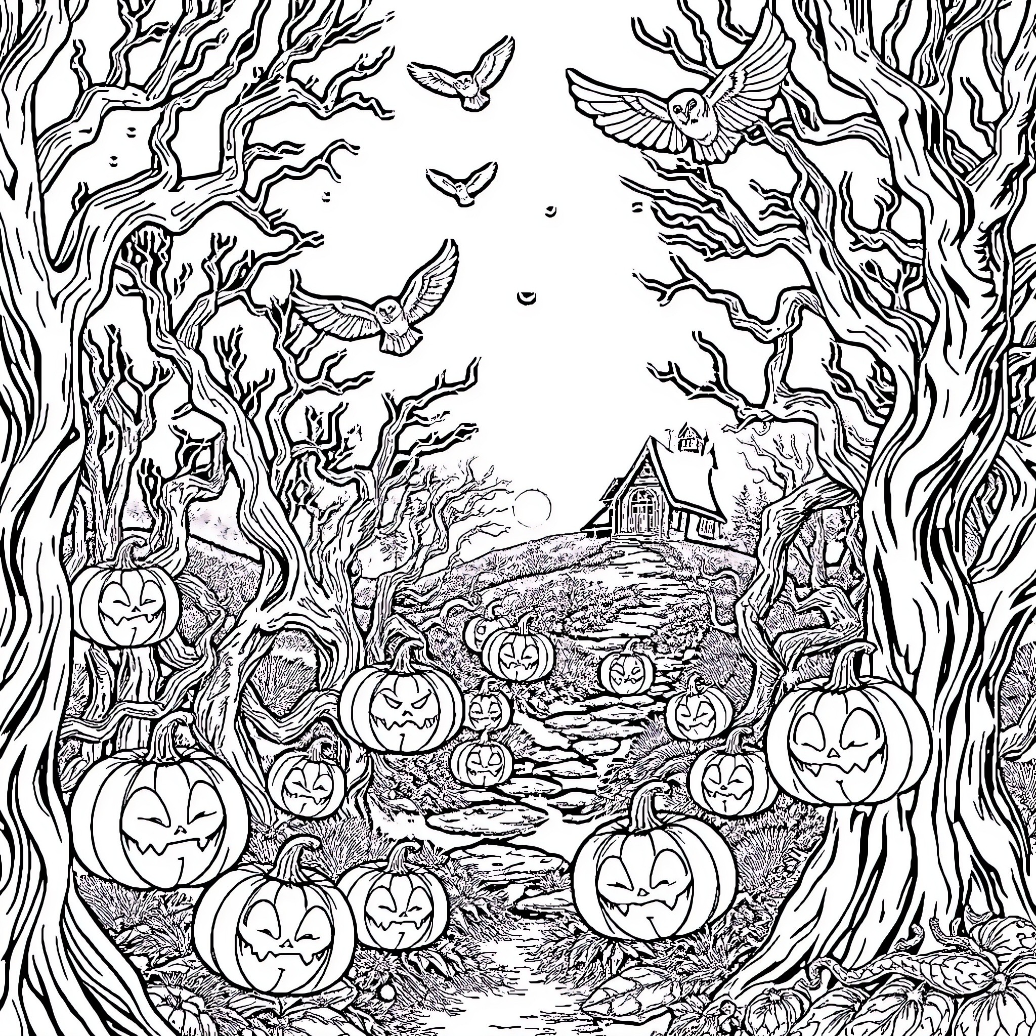Forest Full of Halloween Pumpkins and Whimsical Creatures Coloring Page (free black-and-white line drawing printable PDF for all, from beginners to advanced learners, including children, teens, adults, and seniors)