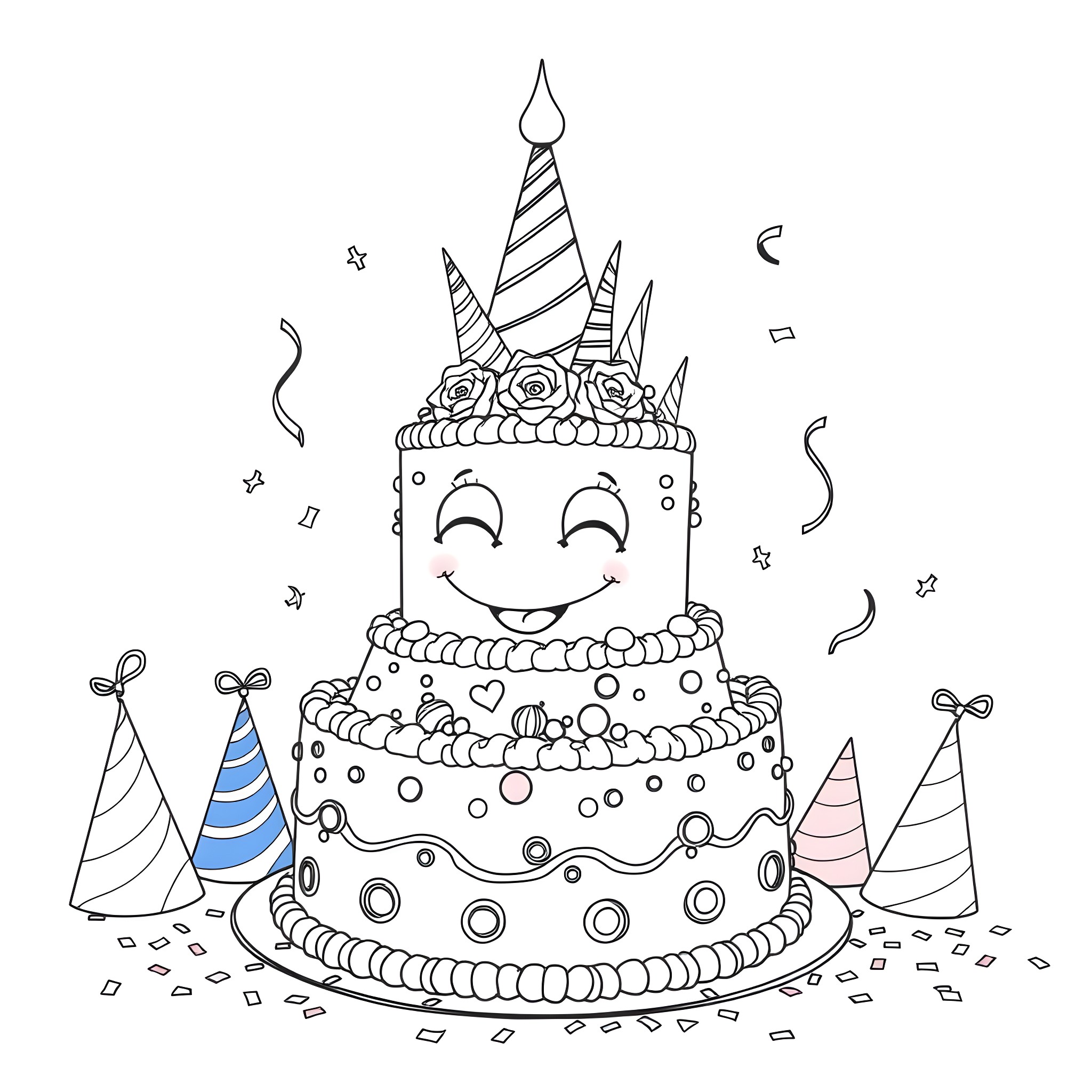 Cake with a happy smiling face and party hats Coloring Page (free black-and-white line drawing printable PDF for all, from beginners to advanced learners, including children, teens, adults, and seniors)