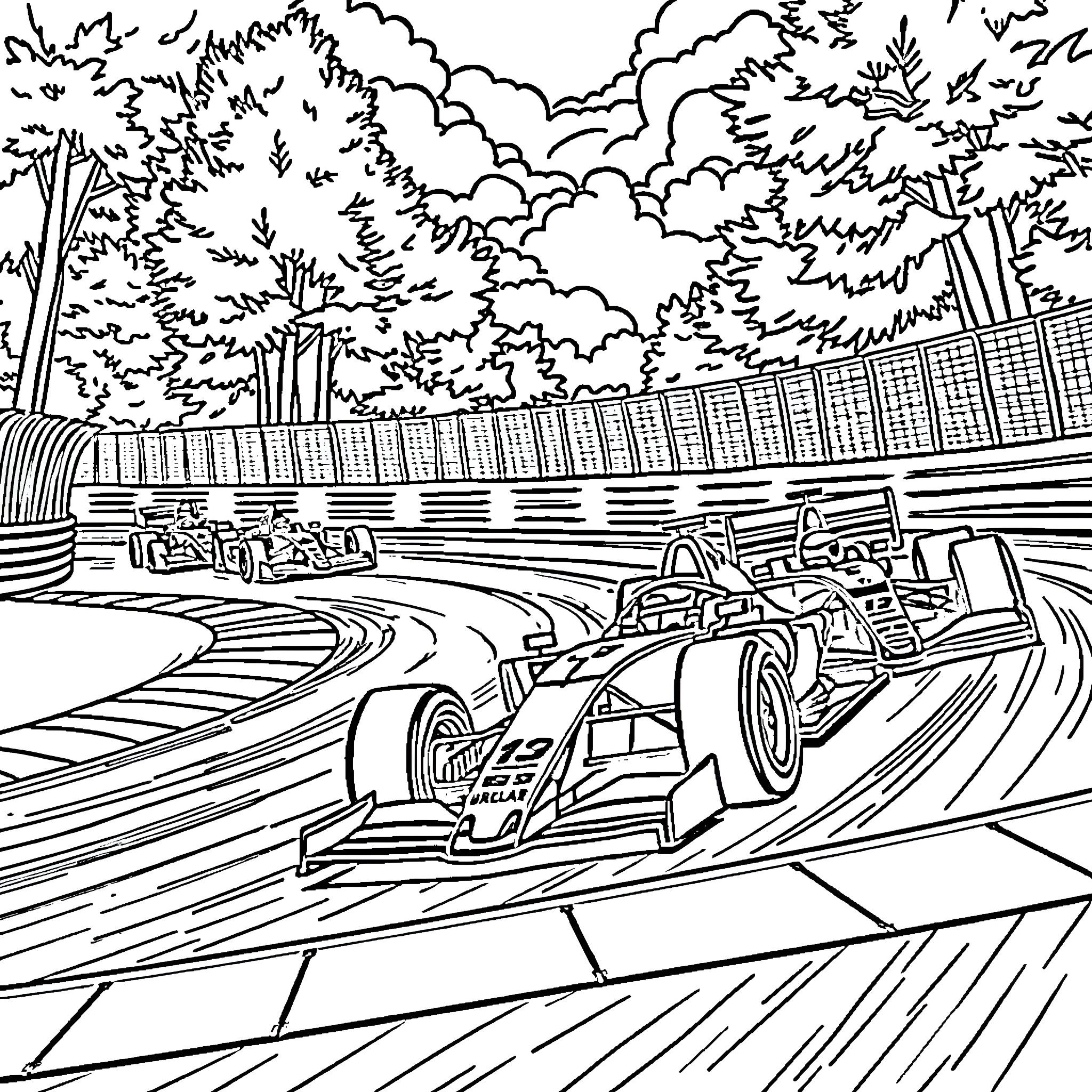 F1 Racers Speeding on Winding Track Coloring Page (free black-and-white line drawing printable PDF for all, from beginners to advanced learners, including children, teens, adults, and seniors)