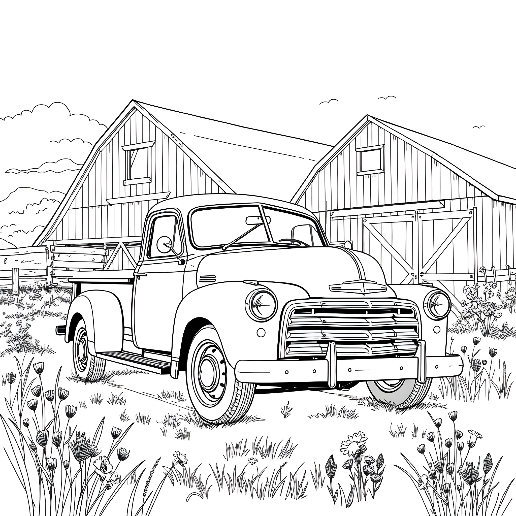 Truck parked in front of rustic farmhouse Coloring Page (free black-and-white line drawing printable PDF for all, from beginners to advanced learners, including children, teens, adults, and seniors)