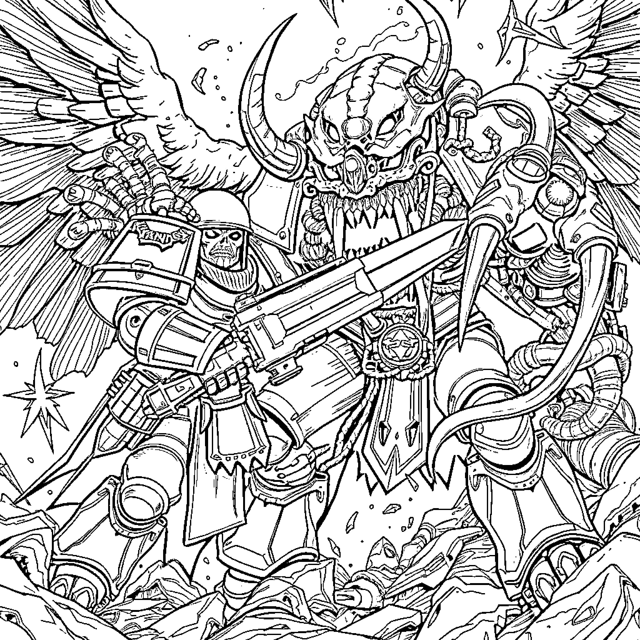 Angel of Destruction Wielding Powerful Weaponry Coloring Page (free black-and-white line drawing printable PDF for all, from beginners to advanced learners, including children, teens, adults, and seniors)