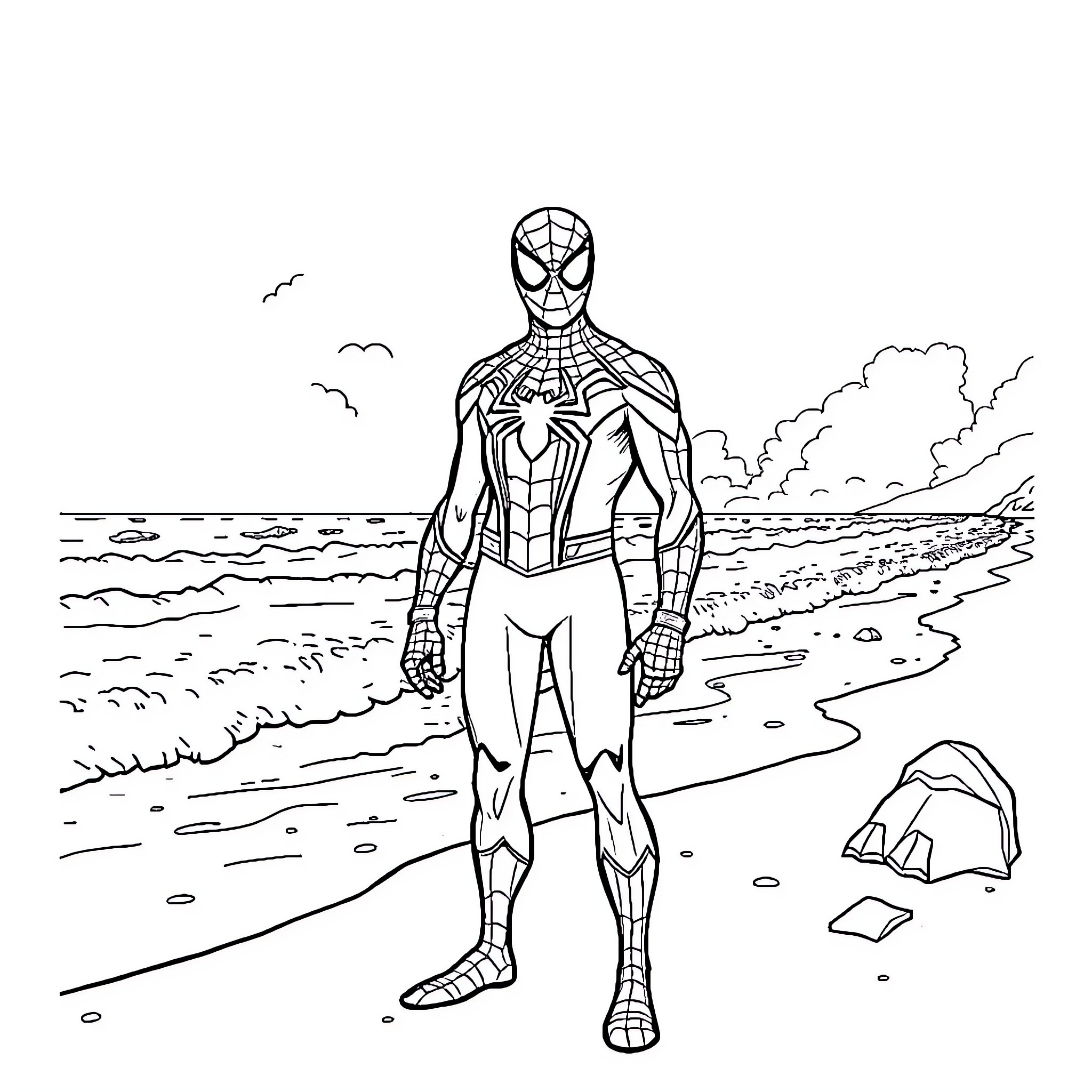 Spider-Man standing tall on the beach Coloring Page (free black-and-white line drawing printable PDF for all, from beginners to advanced learners, including children, teens, adults, and seniors)