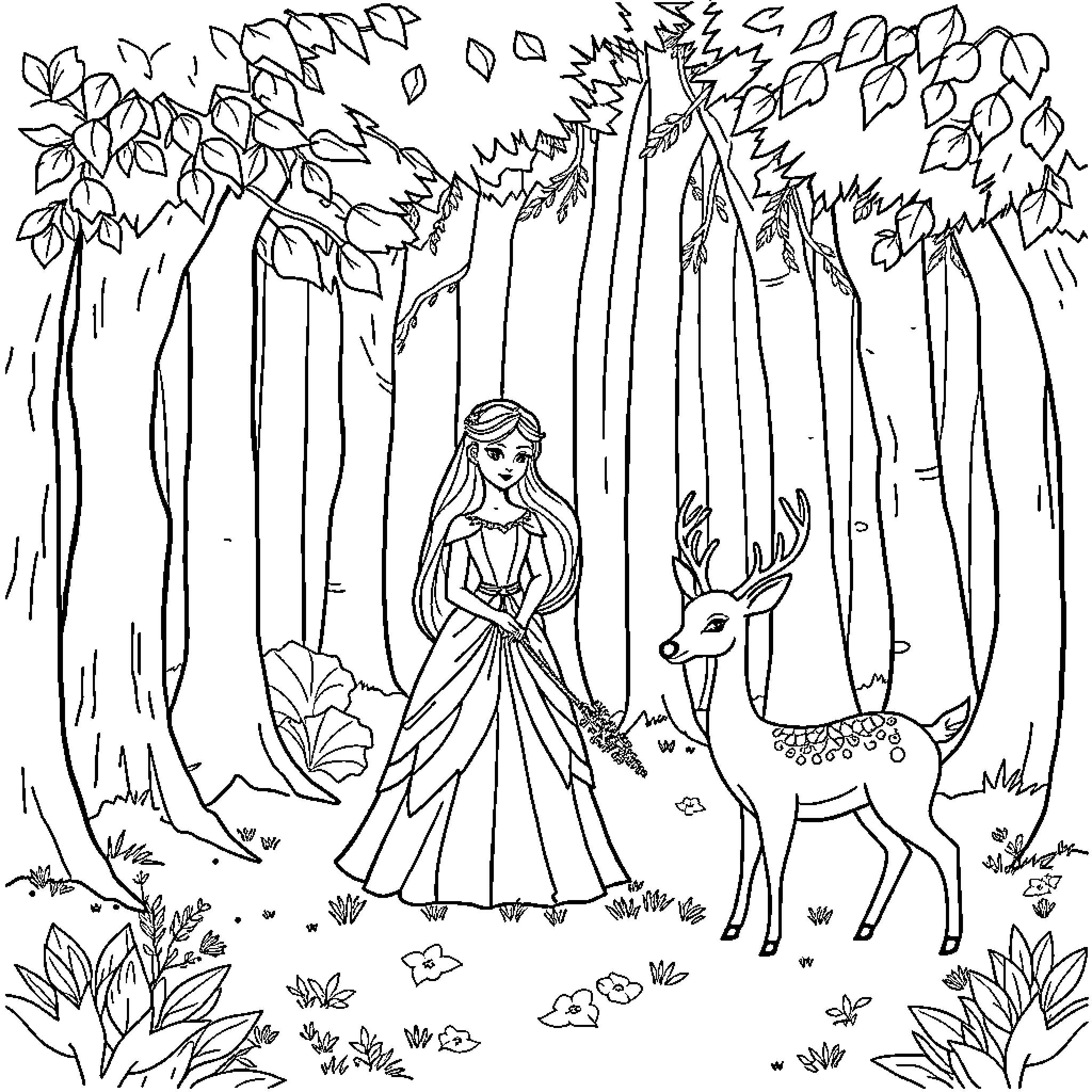 Princess in the Enchanted Forest with Deer Coloring Page (free black-and-white line drawing printable PDF for all, from beginners to advanced learners, including children, teens, adults, and seniors)