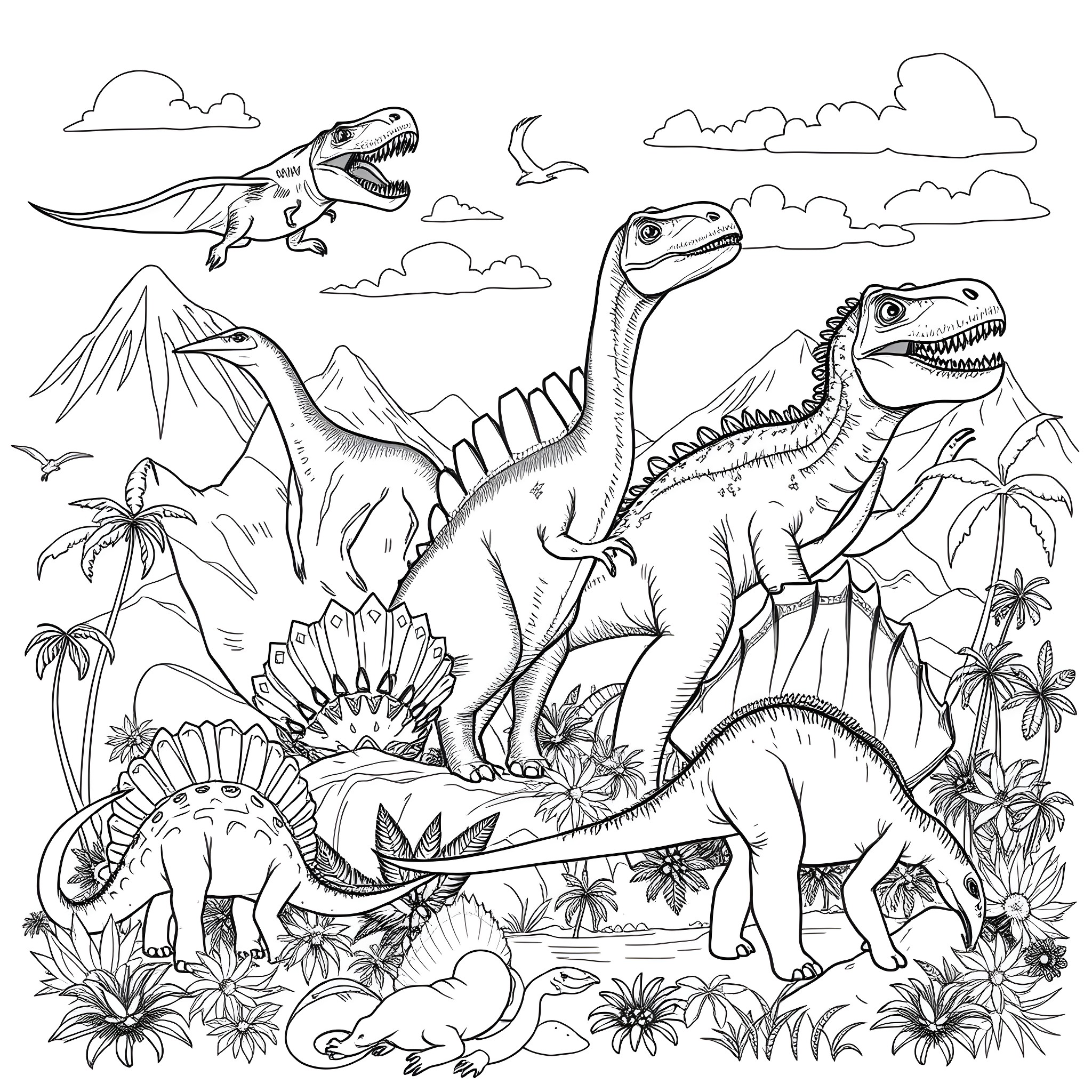 Dinosaurs Exploring a Prehistoric Landscape Coloring Page (free black-and-white line drawing printable PDF for all, from beginners to advanced learners, including children, teens, adults, and seniors)