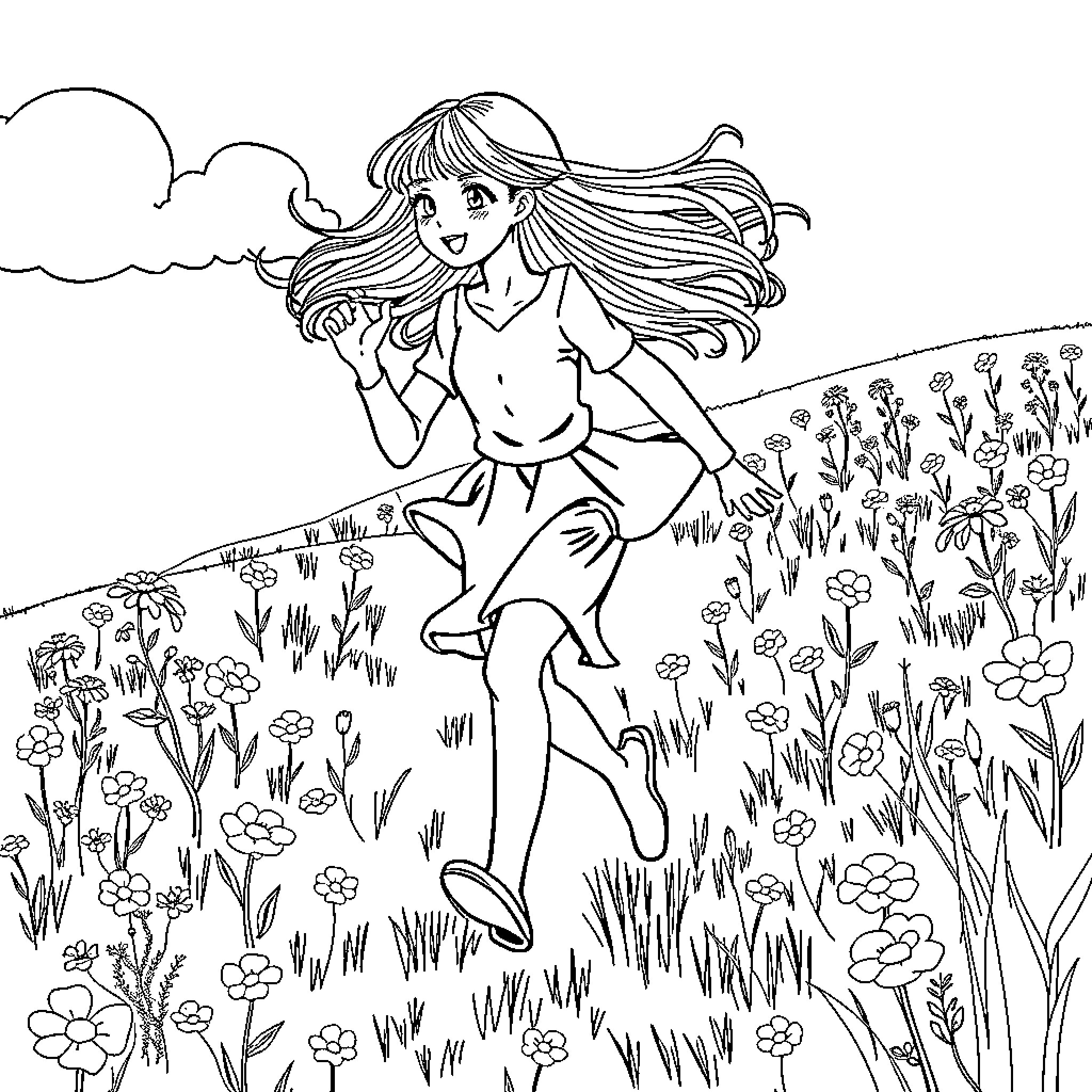 Girl joyfully running through a floral field Coloring Page (free black-and-white line drawing printable PDF for all, from beginners to advanced learners, including children, teens, adults, and seniors)