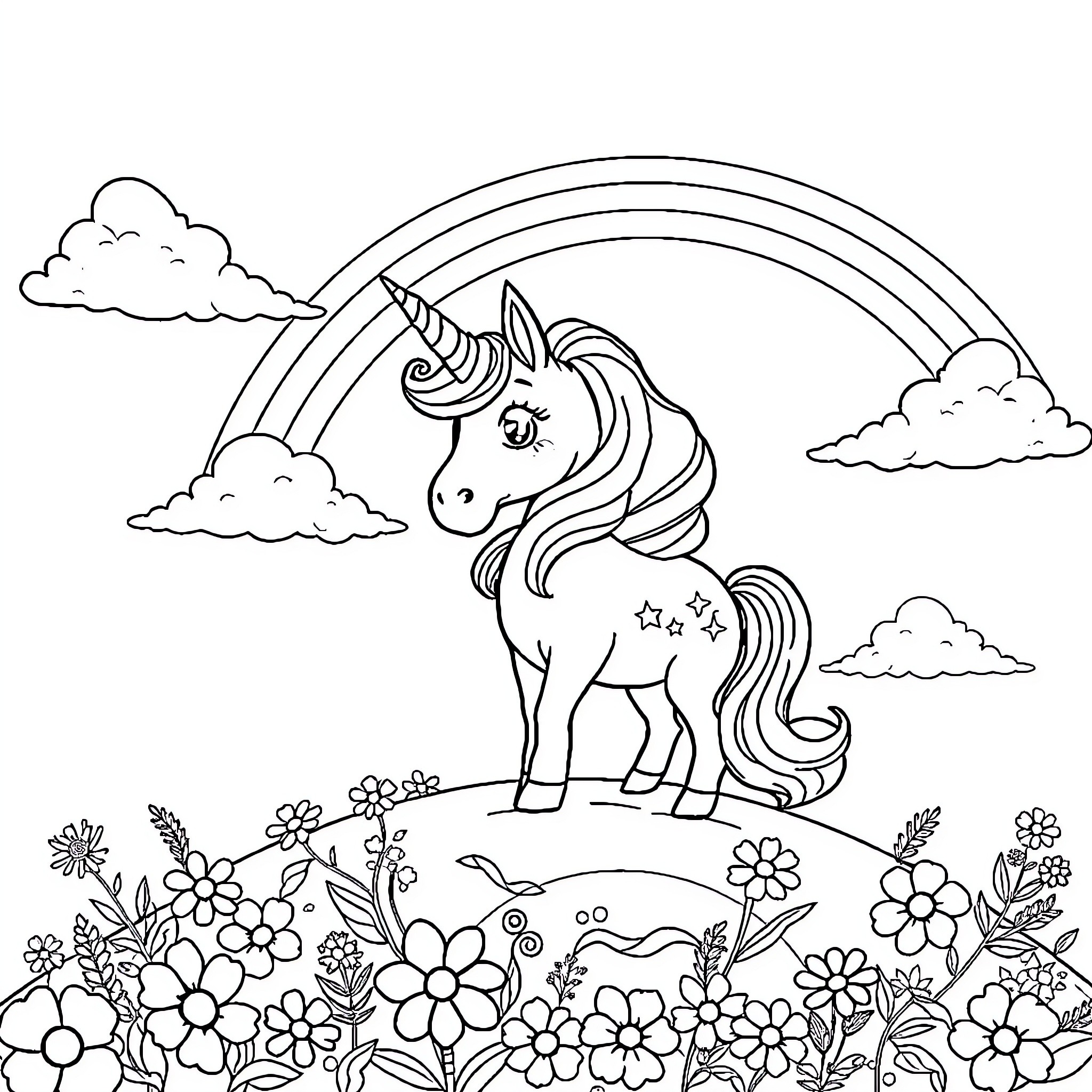 Unicorn frolicking amid floral meadow and rainbow Coloring Page (free black-and-white line drawing printable PDF for all, from beginners to advanced learners, including children, teens, adults, and seniors)