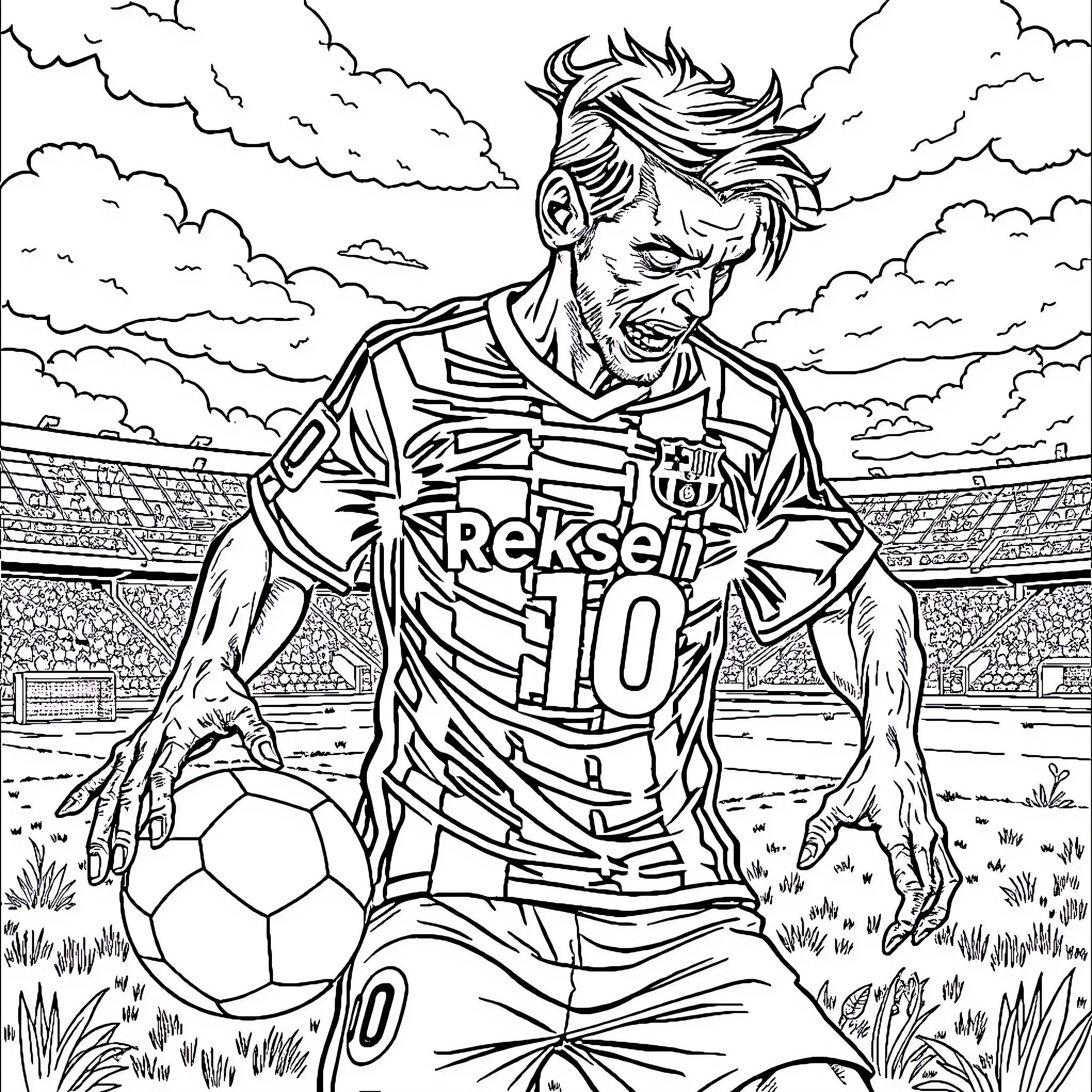 Zombie Soccer Player Celebrates Goal on the Field Coloring Page (free black-and-white line drawing printable PDF for all, from beginners to advanced learners, including children, teens, adults, and seniors)