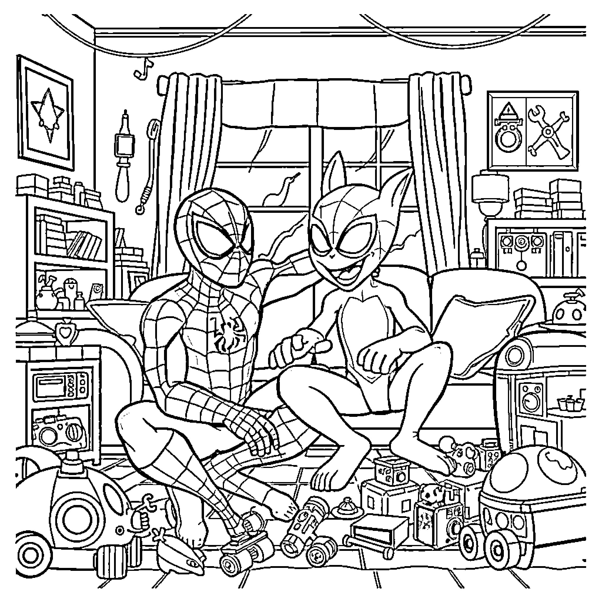 Spiderman and Venom playing in their room Coloring Page (free black-and-white line drawing printable PDF for all, from beginners to advanced learners, including children, teens, adults, and seniors)