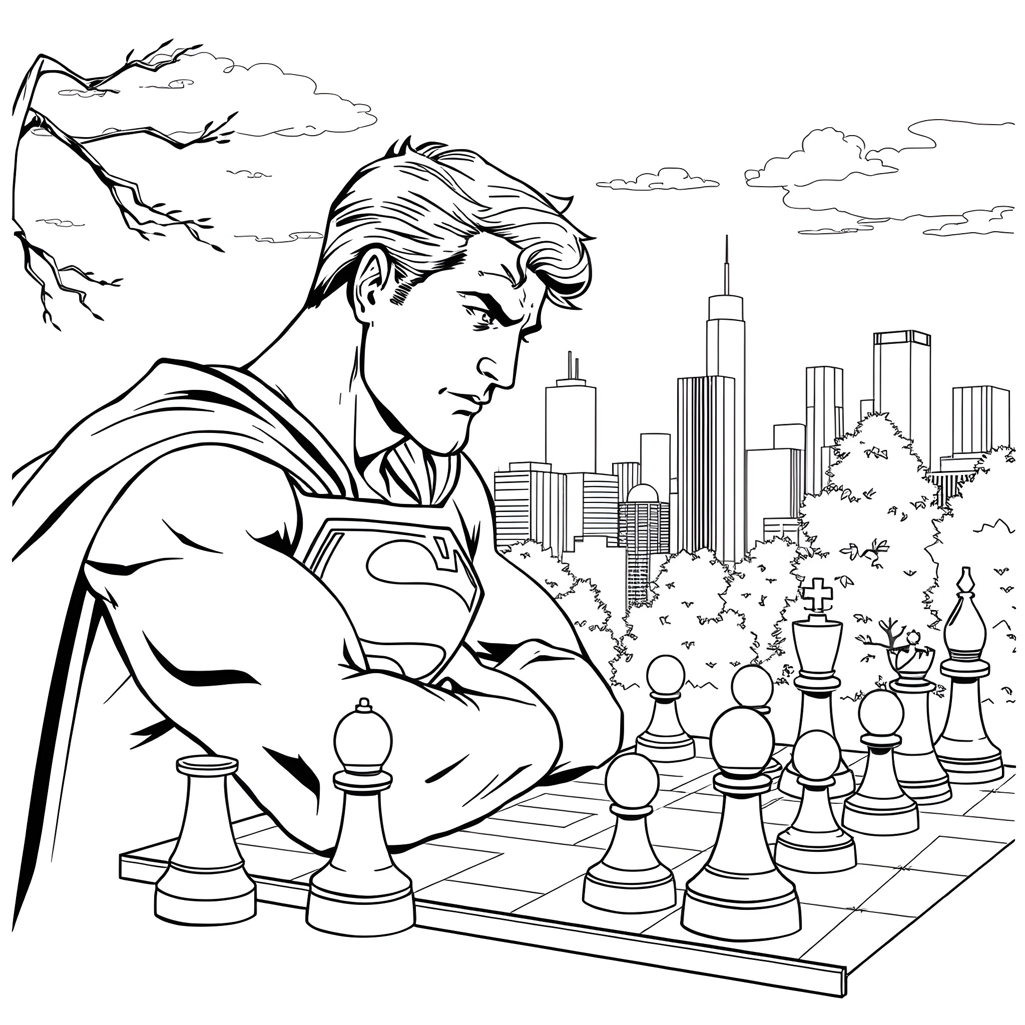 Superman contemplating the city skyline while playing chess Coloring Page (free black-and-white line drawing printable PDF for all, from beginners to advanced learners, including children, teens, adults, and seniors)