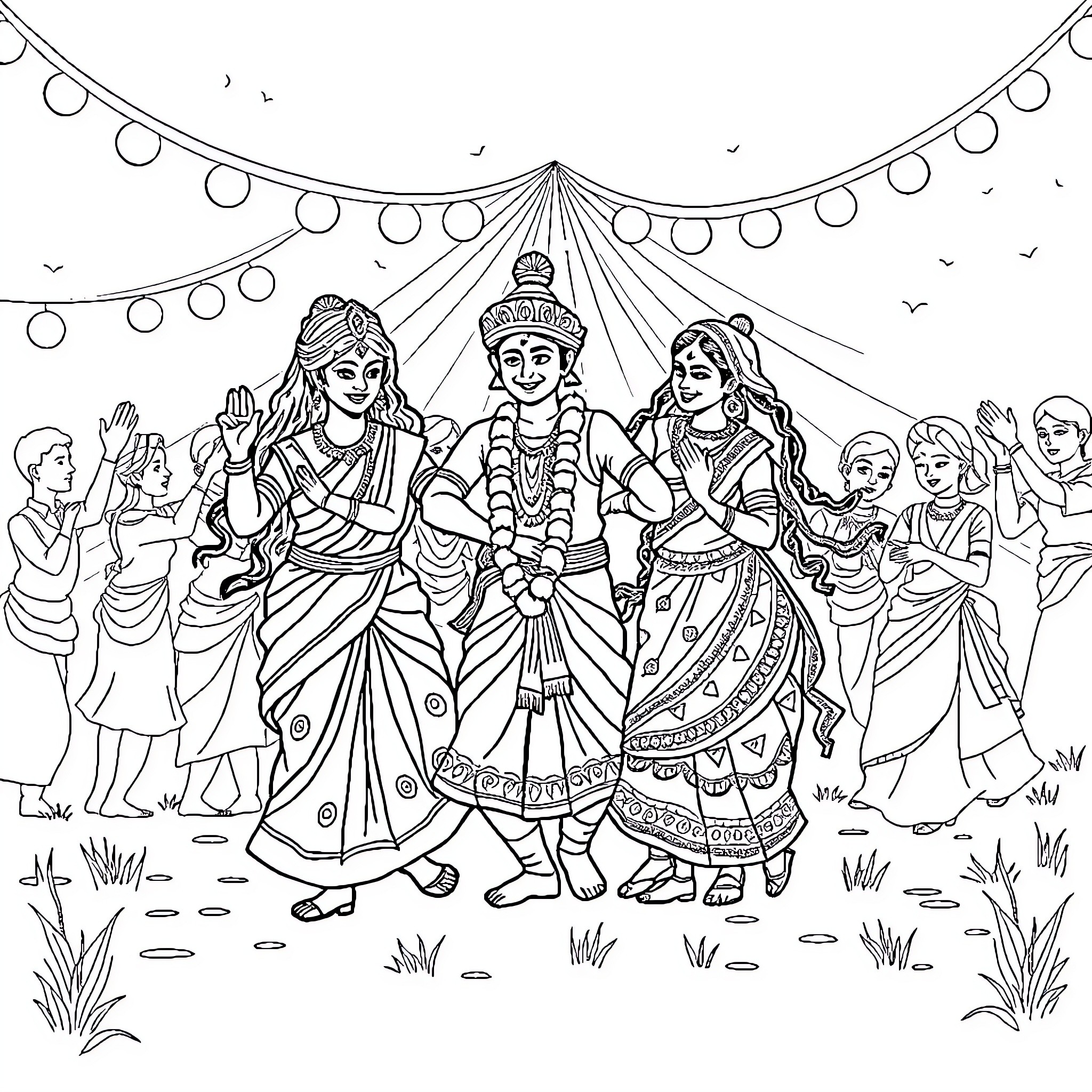 Bobi's Joyful Cultural Celebration Coloring Page (free black-and-white line drawing printable PDF for all, from beginners to advanced learners, including children, teens, adults, and seniors)