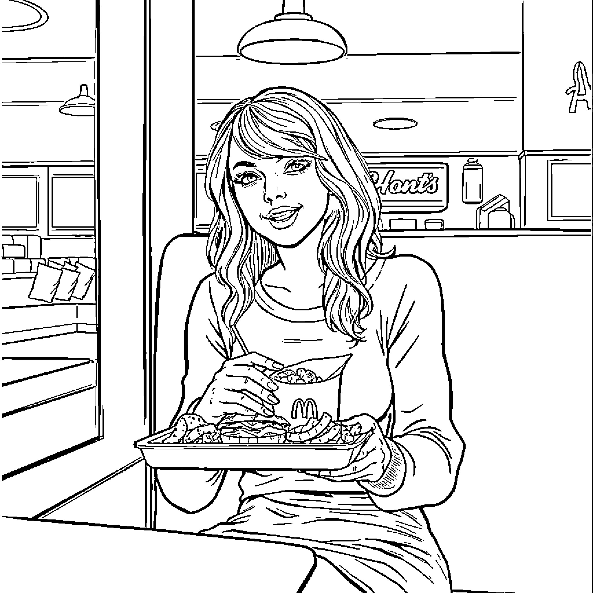Taylor Swift Enjoying a Meal at a Diner Coloring Page (free black-and-white line drawing printable PDF for all, from beginners to advanced learners, including children, teens, adults, and seniors)